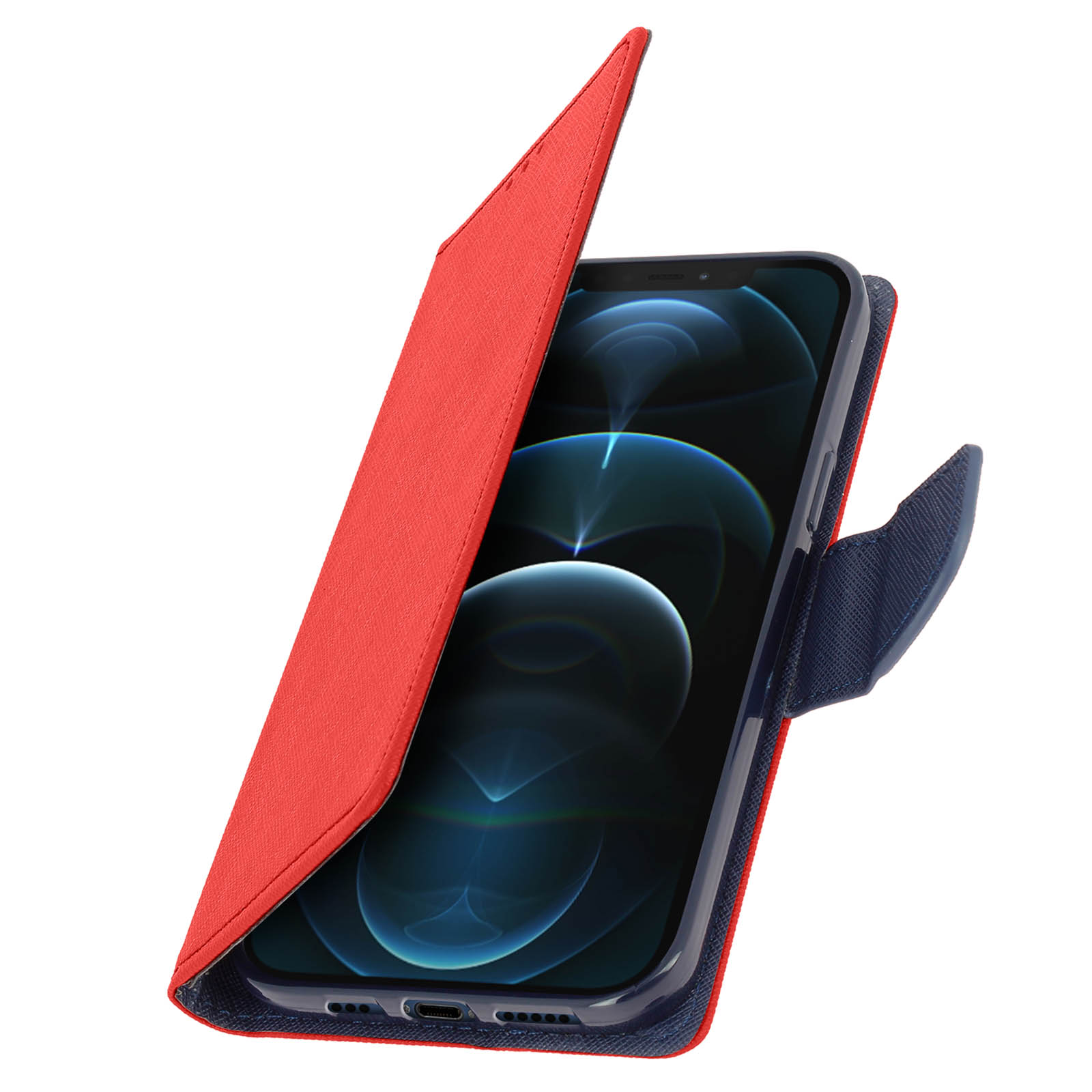 Una custodia per telefono rossa, aperta per mostrare un telefono, con una cover blu e schermo blu.