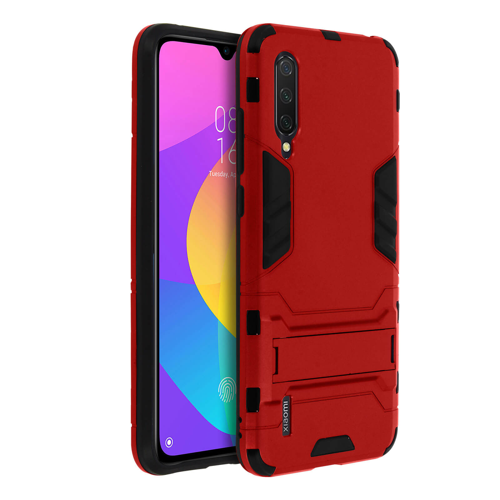 Custodia rossa e nera per telefono, cellulare con schermo data.
