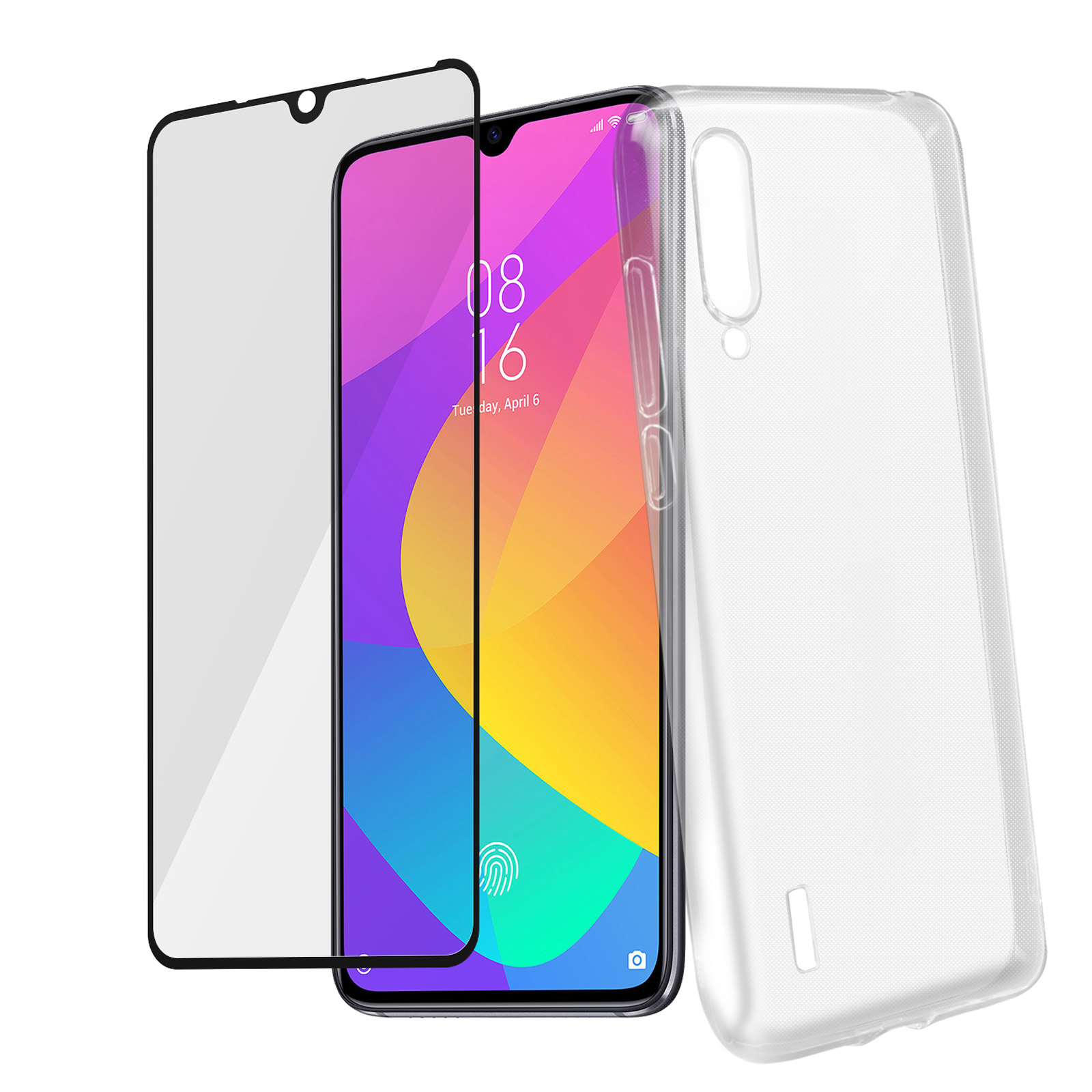 Ein Telefon und Displayschutz und transparente Hülle. Weißer Hintergrund.
