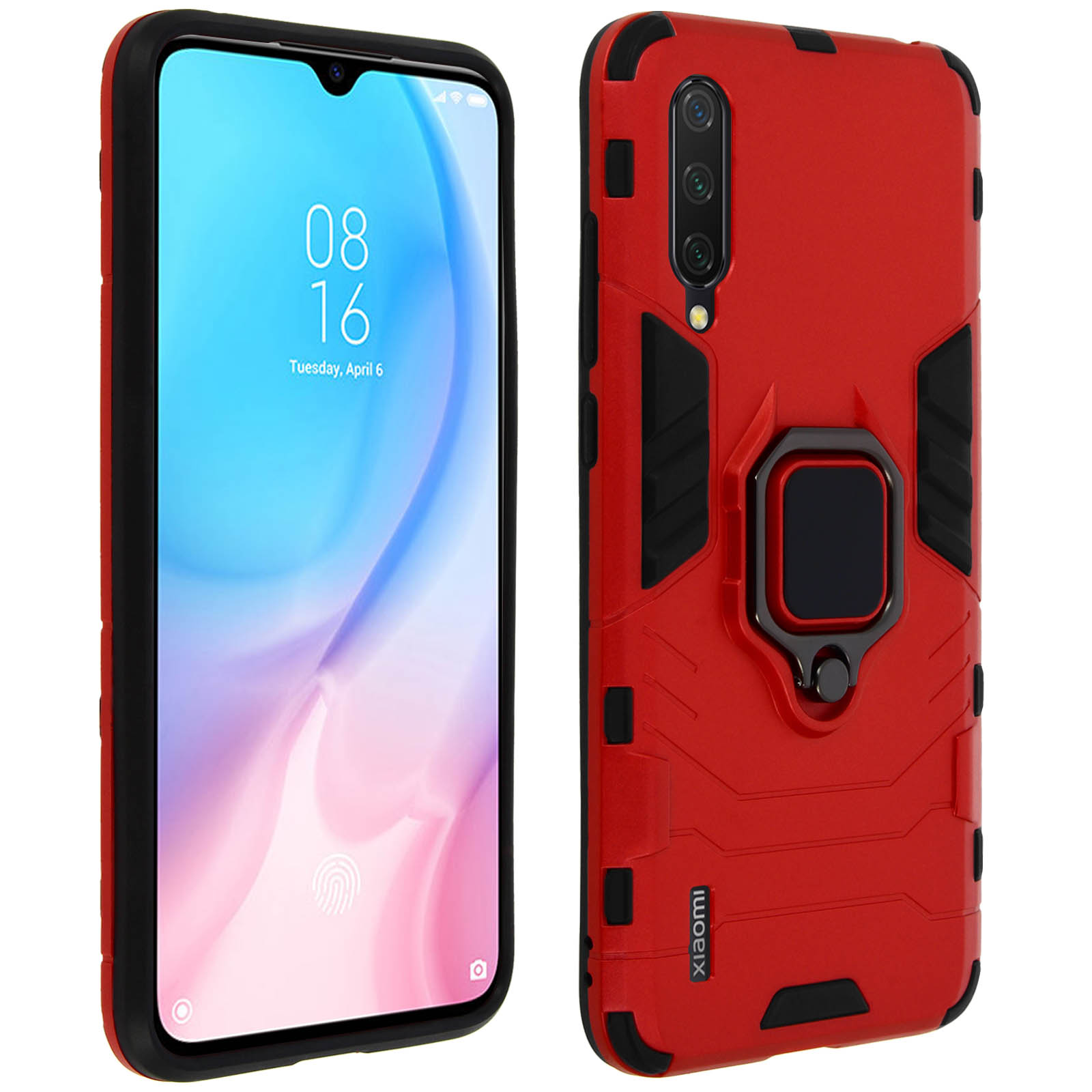 Custodia per telefono con design rosso e nero, schermo del telefono visibile a sinistra.