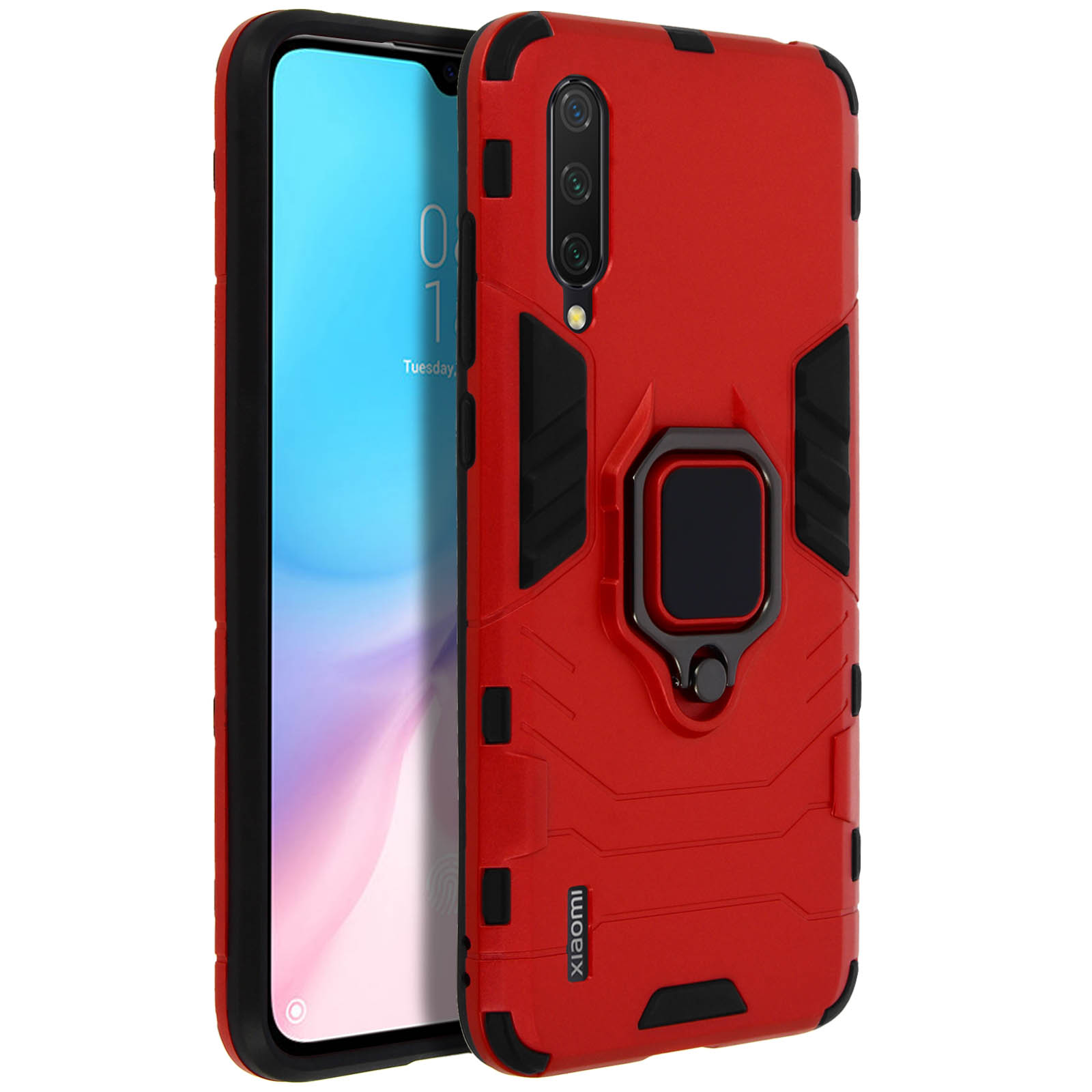 Custodia rossa con dettagli neri. Schermo visibile. Logo Xiaomi. Supporto ad anello collegato.