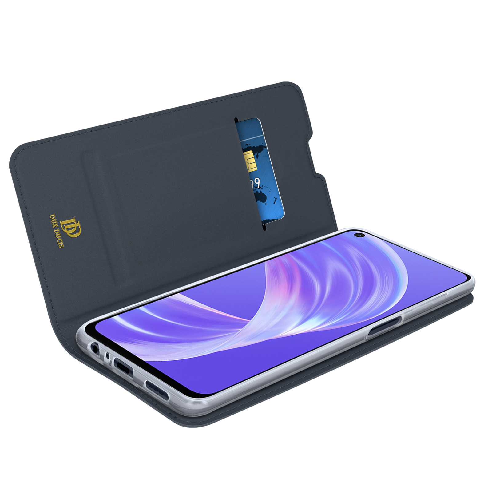 Una custodia blu aperta, con carta di credito blu in fessura e telefono dentro.
