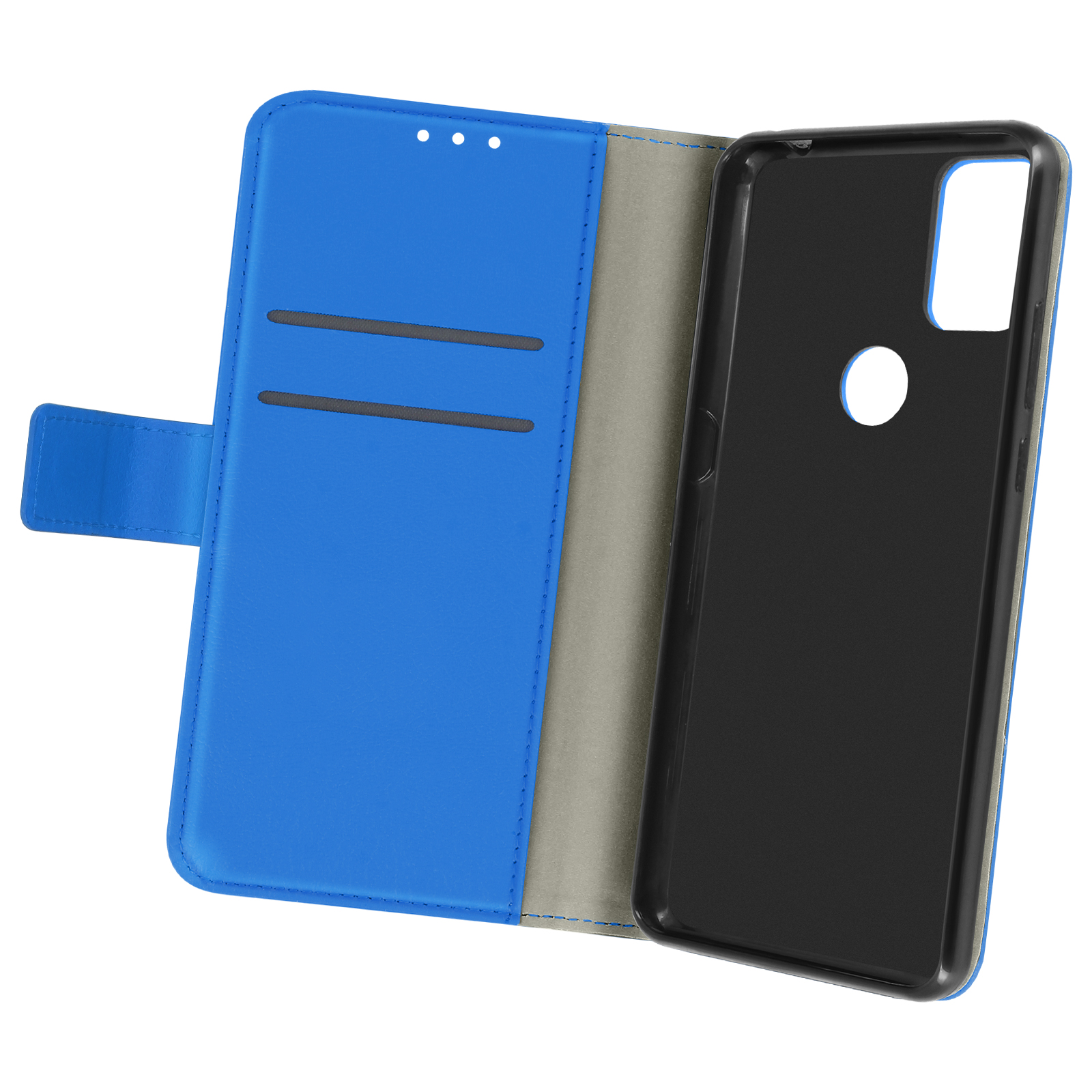 Custodia in pelle blu, aperta, con interno grigio e telefono nero.