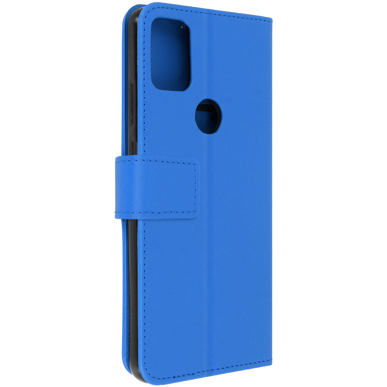 Una custodia blu per telefono con la copertura anteriore chiusa, su sfondo bianco.