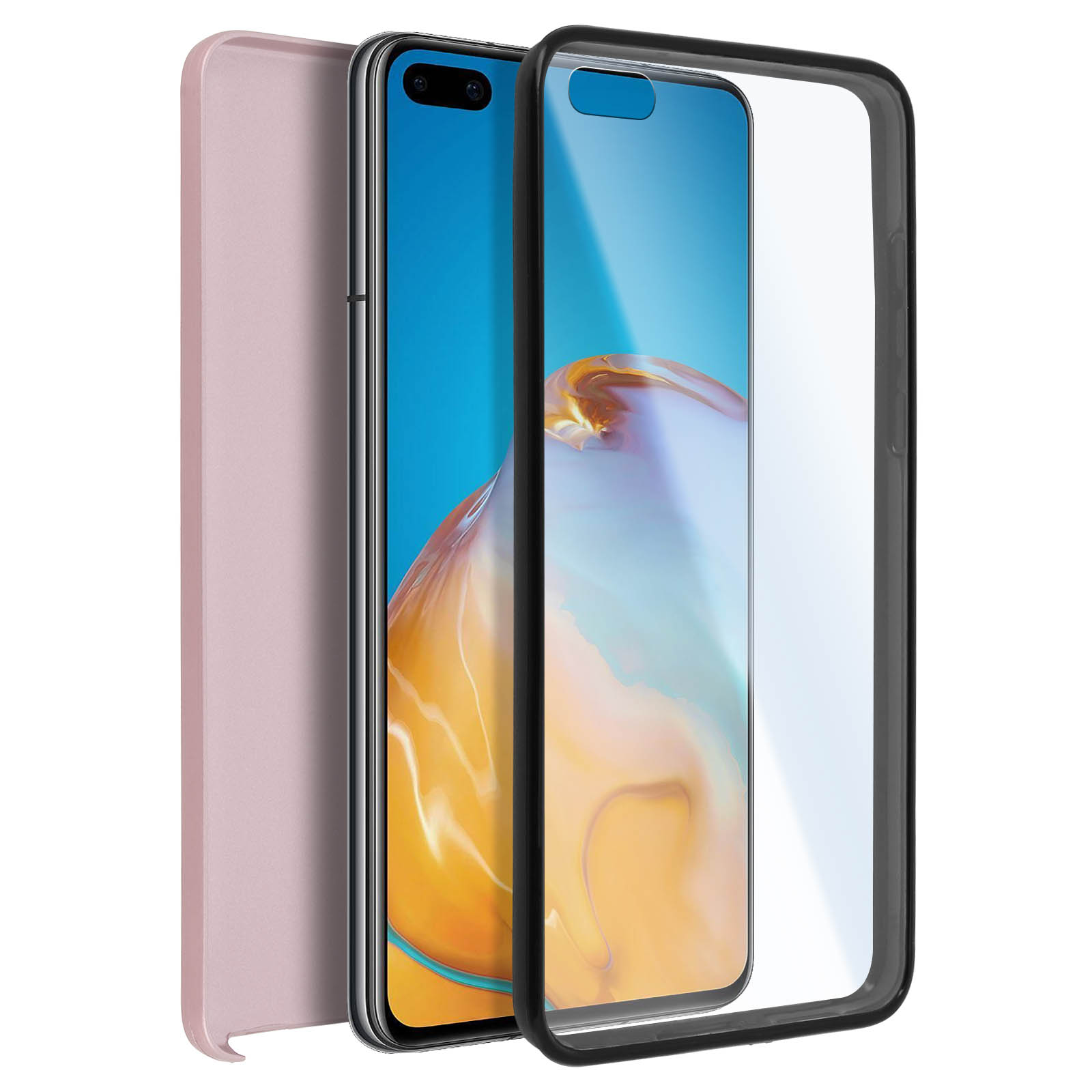 Een telefoon met een hoesje en een schermbeschermer. De hoes is roze.