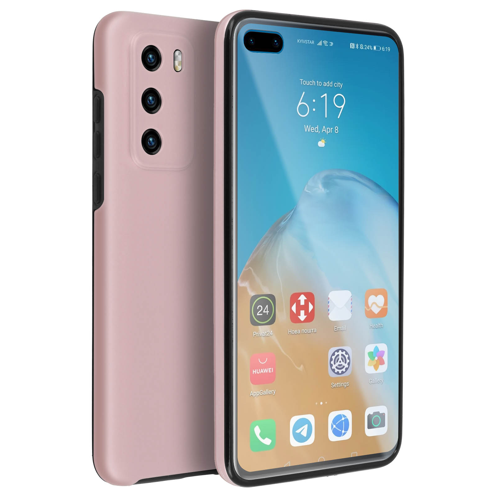 Roze telefoon met drie camera's aan de achterkant. Het scherm toont tijd en app-iconen.