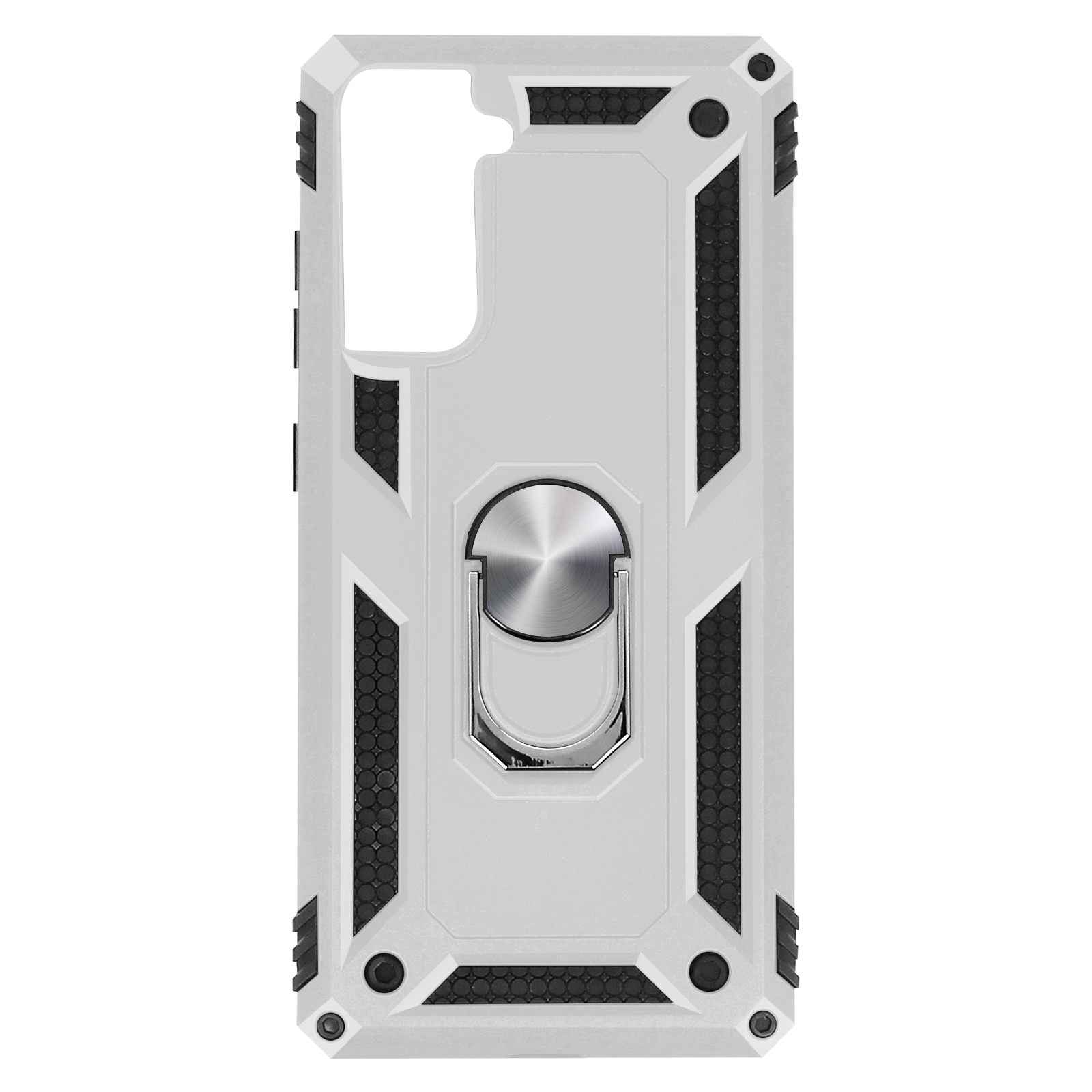 Wit telefoonhoesje met zwarte accenten, ringhouder en geometrisch ontwerp.