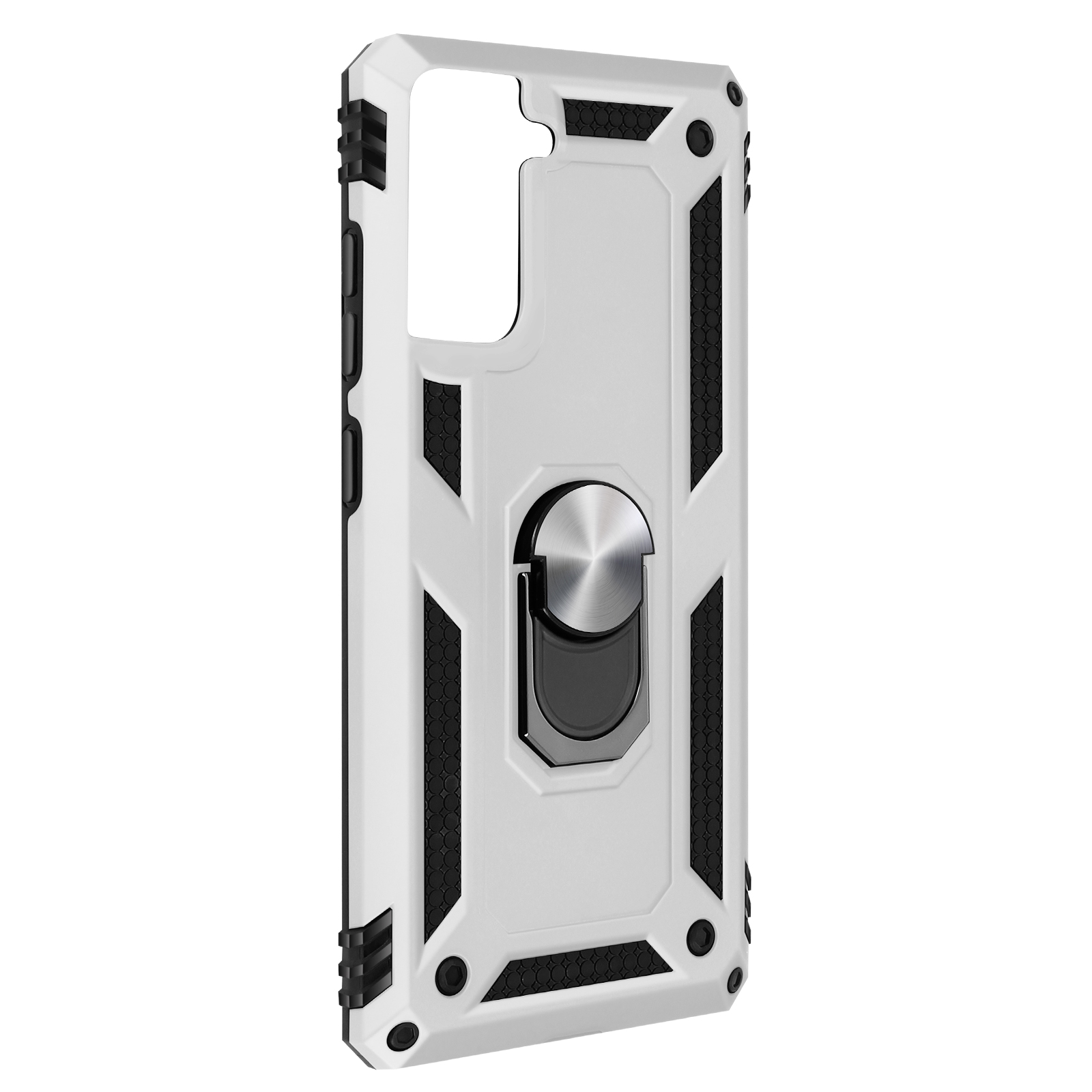 Witte telefoonhoes met een zilveren ringhouder en zwarte accenten, tegen een witte achtergrond.