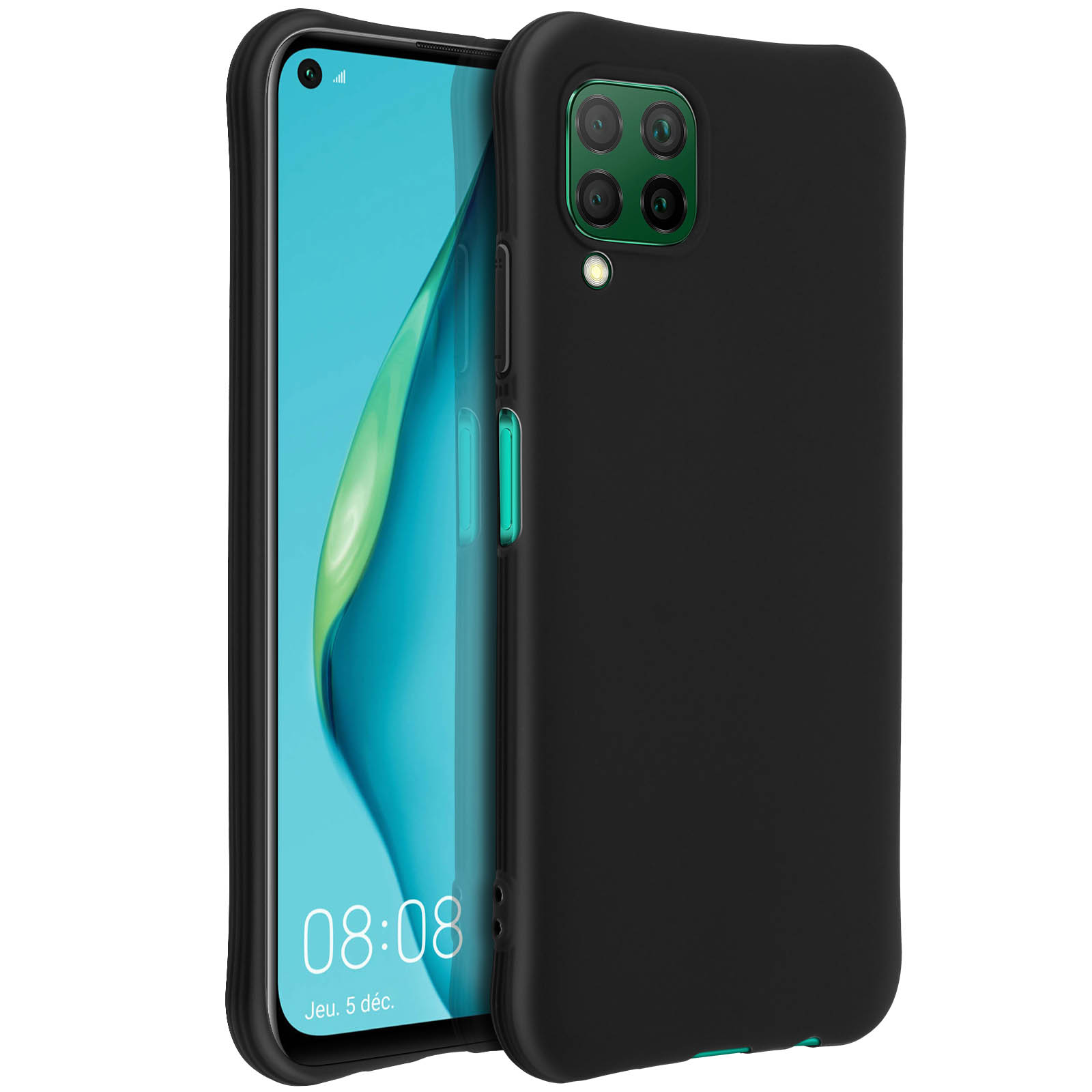 Schwarze Handyhülle auf einem Telefon. Das Telefon ist schwarz, die Hülle hat einen Kameraausschnitt.