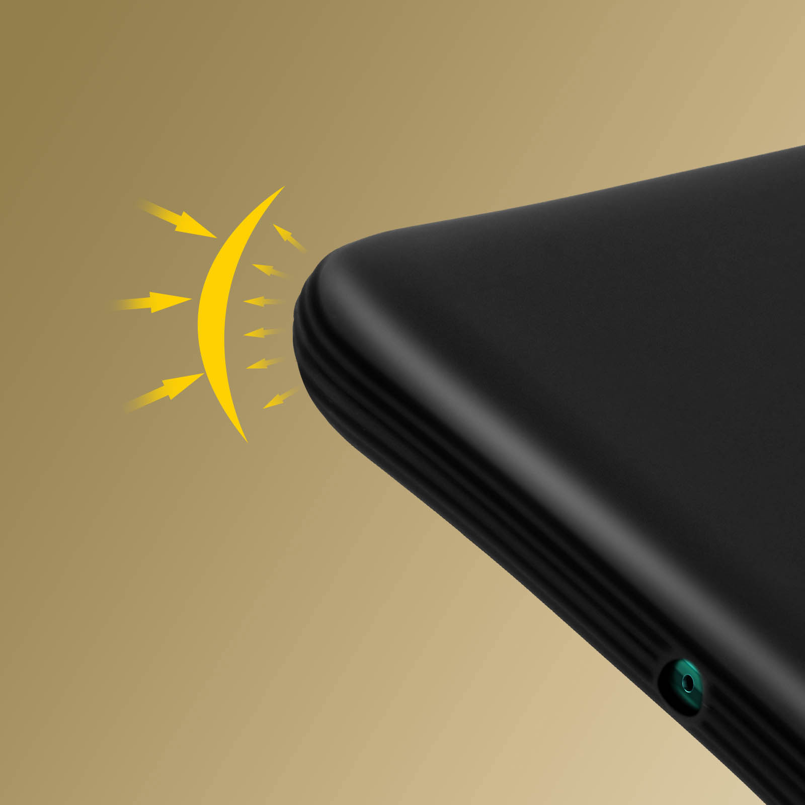 Schwarzes Telefon mit gelben Lichteffekten. Das Licht kommt von der Seite des Telefons.