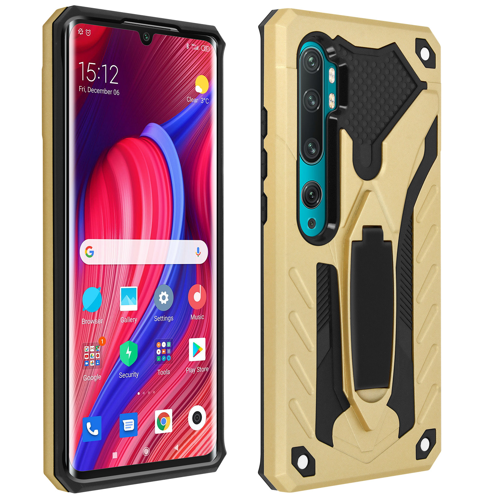 Telefono con schermo che mostra icone delle app e l'ora. Custodia dorata a destra. Custodia protettiva dorata a destra.