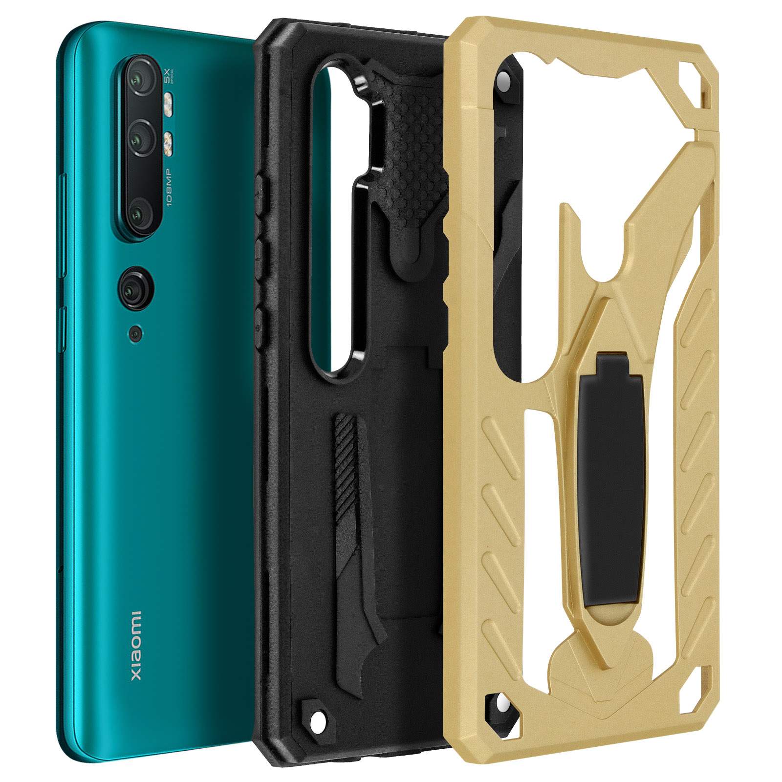 Telefono con retro verde e tre custodie. Due custodie sono nere e oro.