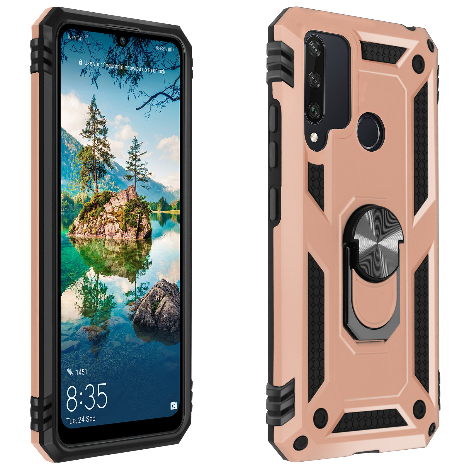 Handyhülle mit rosafarbenem und schwarzem Design, Telefonbildschirm links sichtbar.