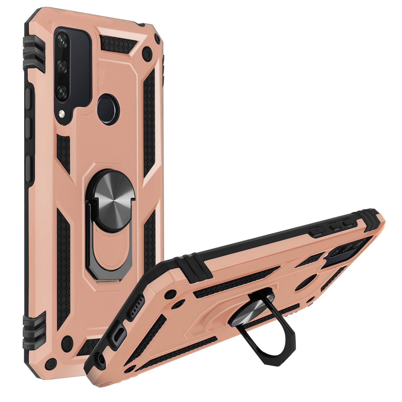Zwei Handyhüllen mit einem Metallring in der Mitte, eine steht.
