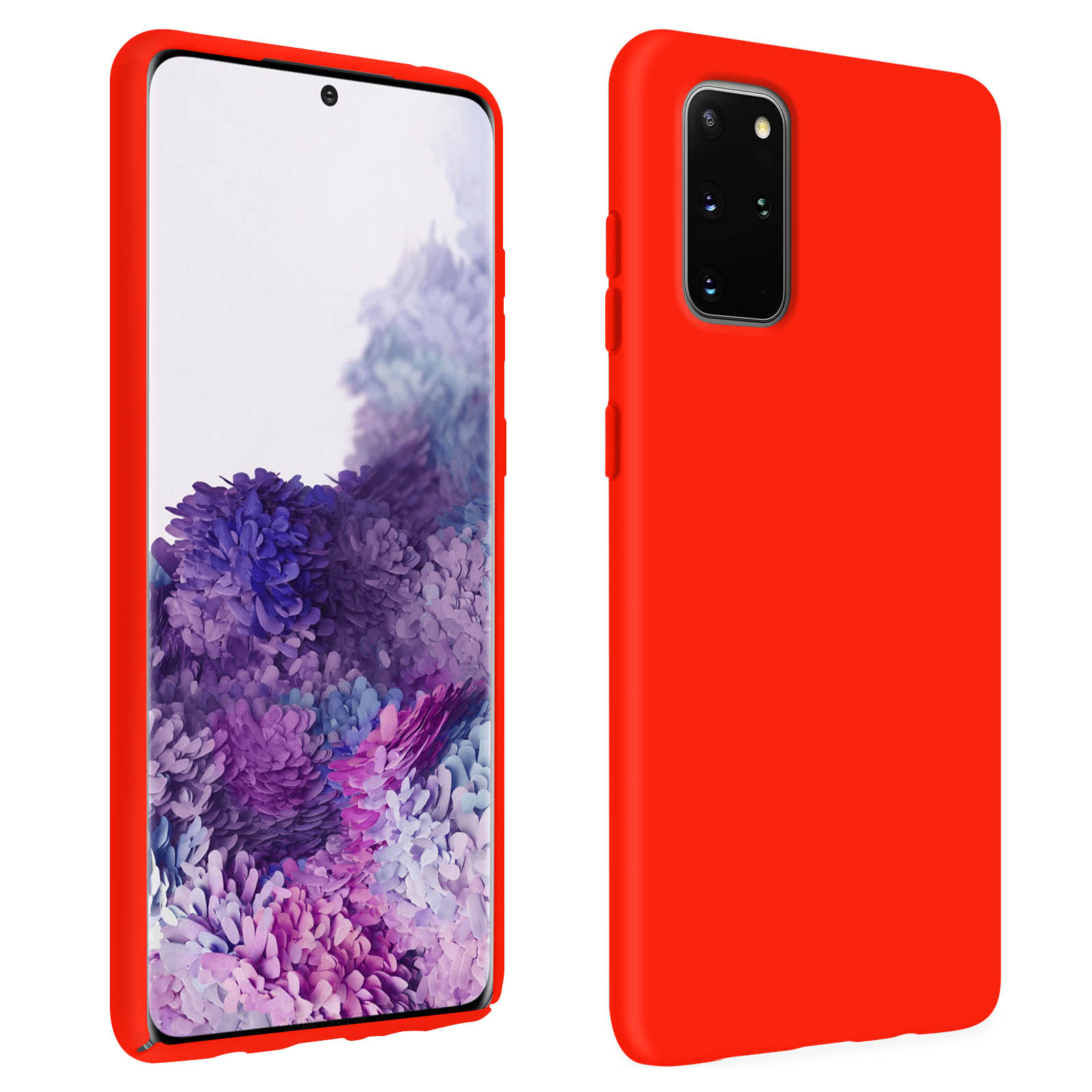 Rode telefoonhoes, twee weergaven. Telefoonscherm met paars en wit abstract ontwerp.