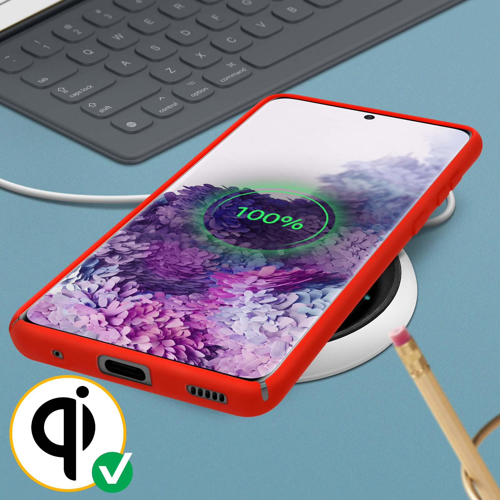 Een rode telefoon in een rode hoes, draadloos opladen. Een qi-oplaadsymbool is zichtbaar.