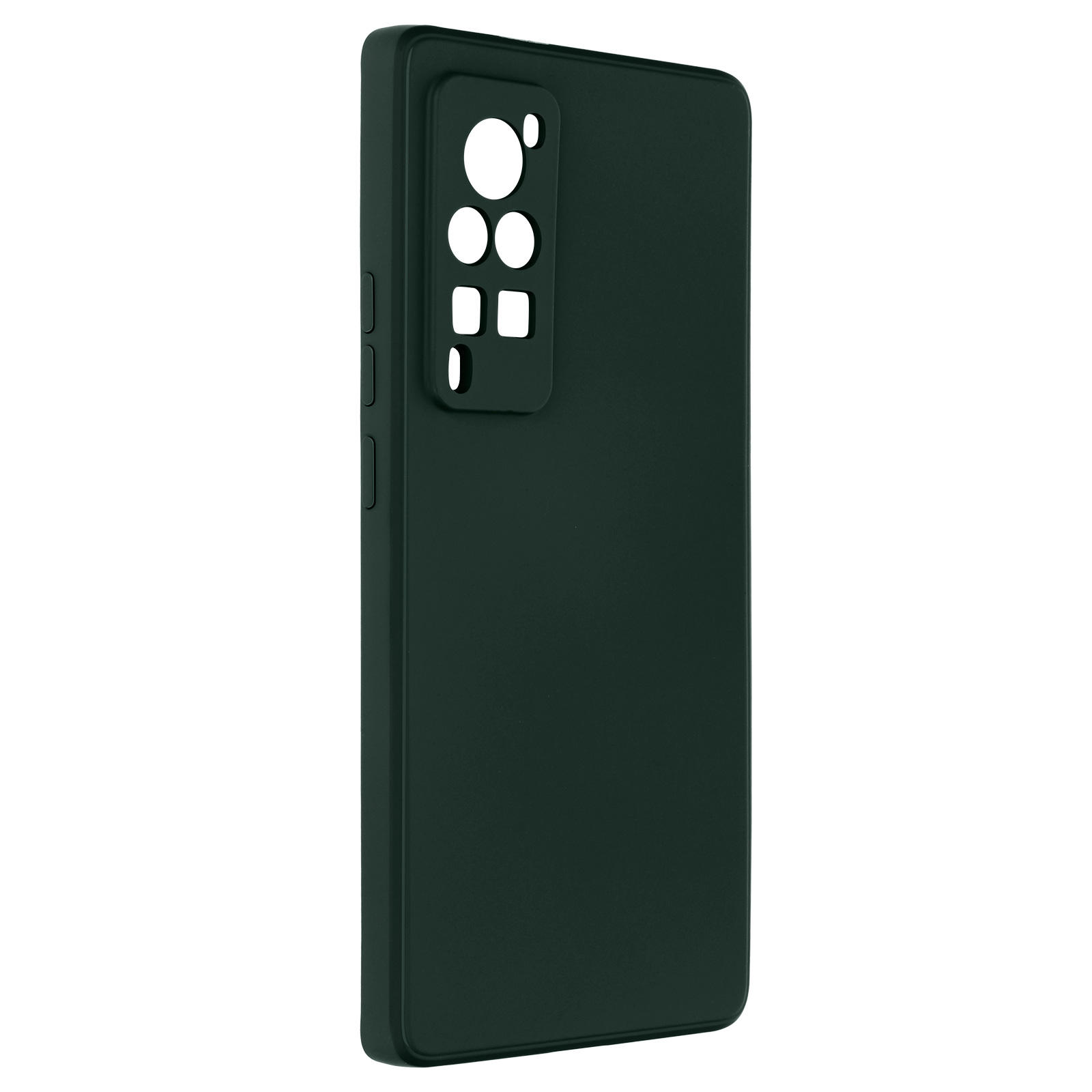 Custodia per telefono verde scuro. Ha ritagli per fotocamera e pulsanti. Sfondo bianco.