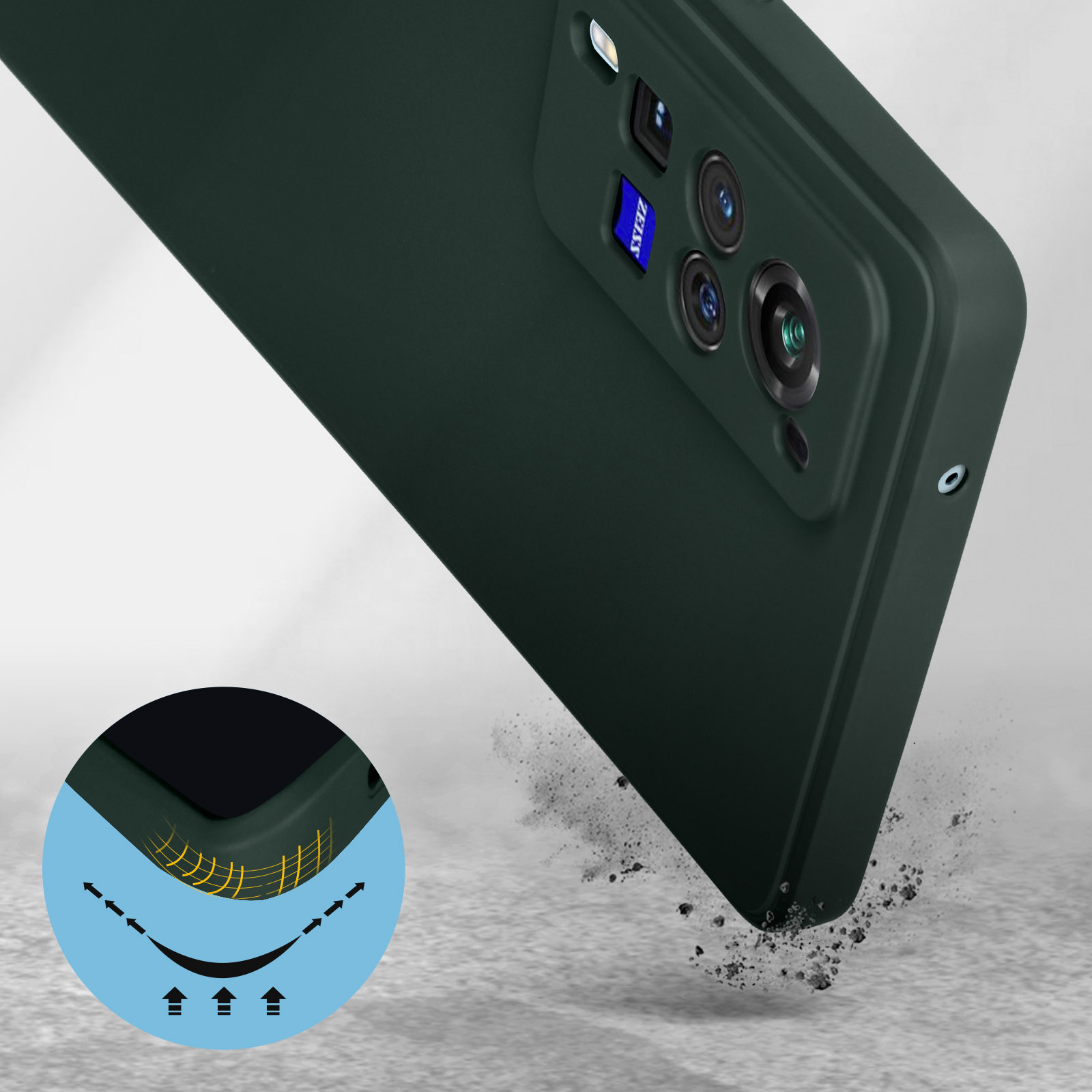 Viene mostrata una custodia per telefono verde scuro. Un'immagine mostra che è ammortizzante. La custodia sta cadendo.