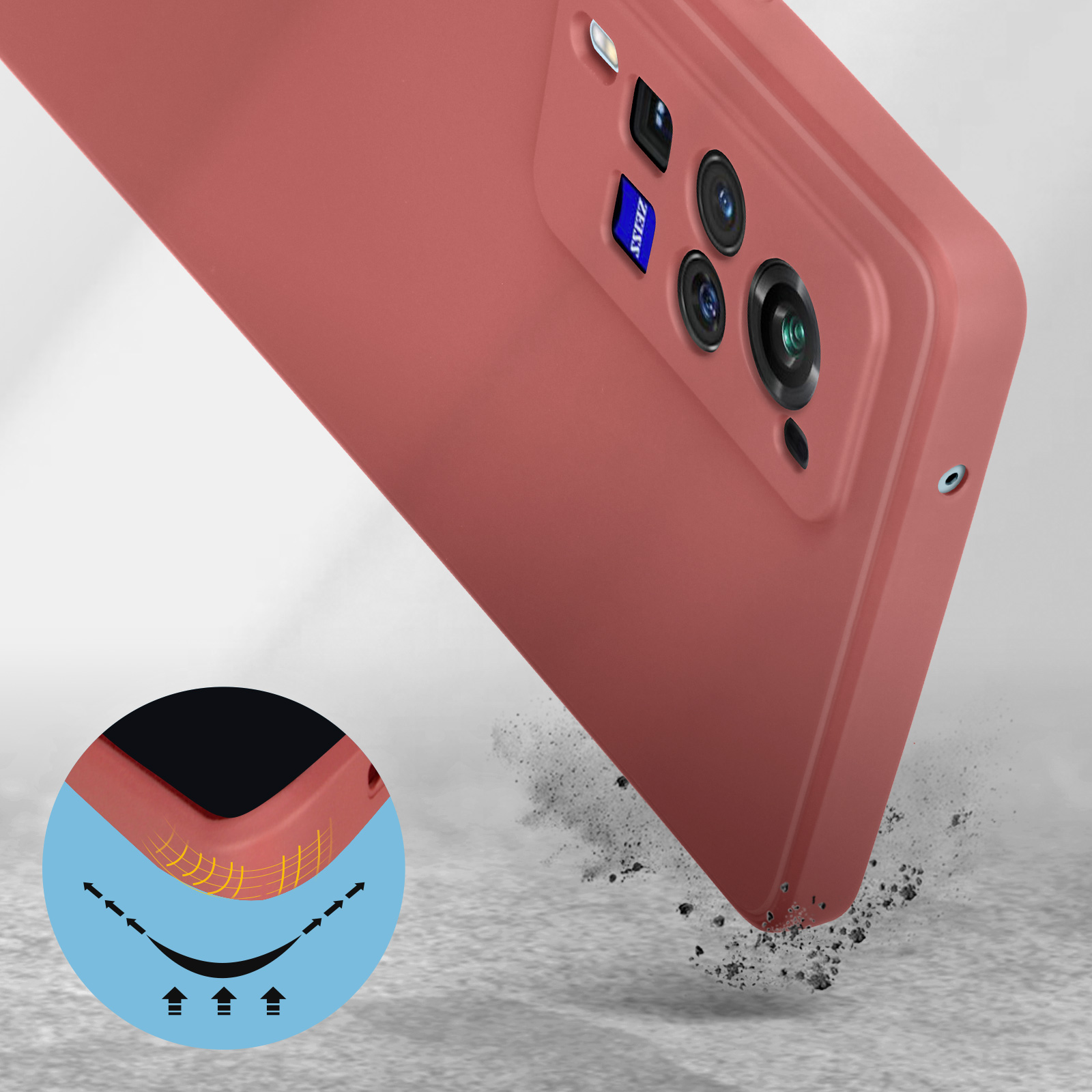 Custodia rossa per telefono con lenti della fotocamera visibili. Dettaglio protezione dagli urti.