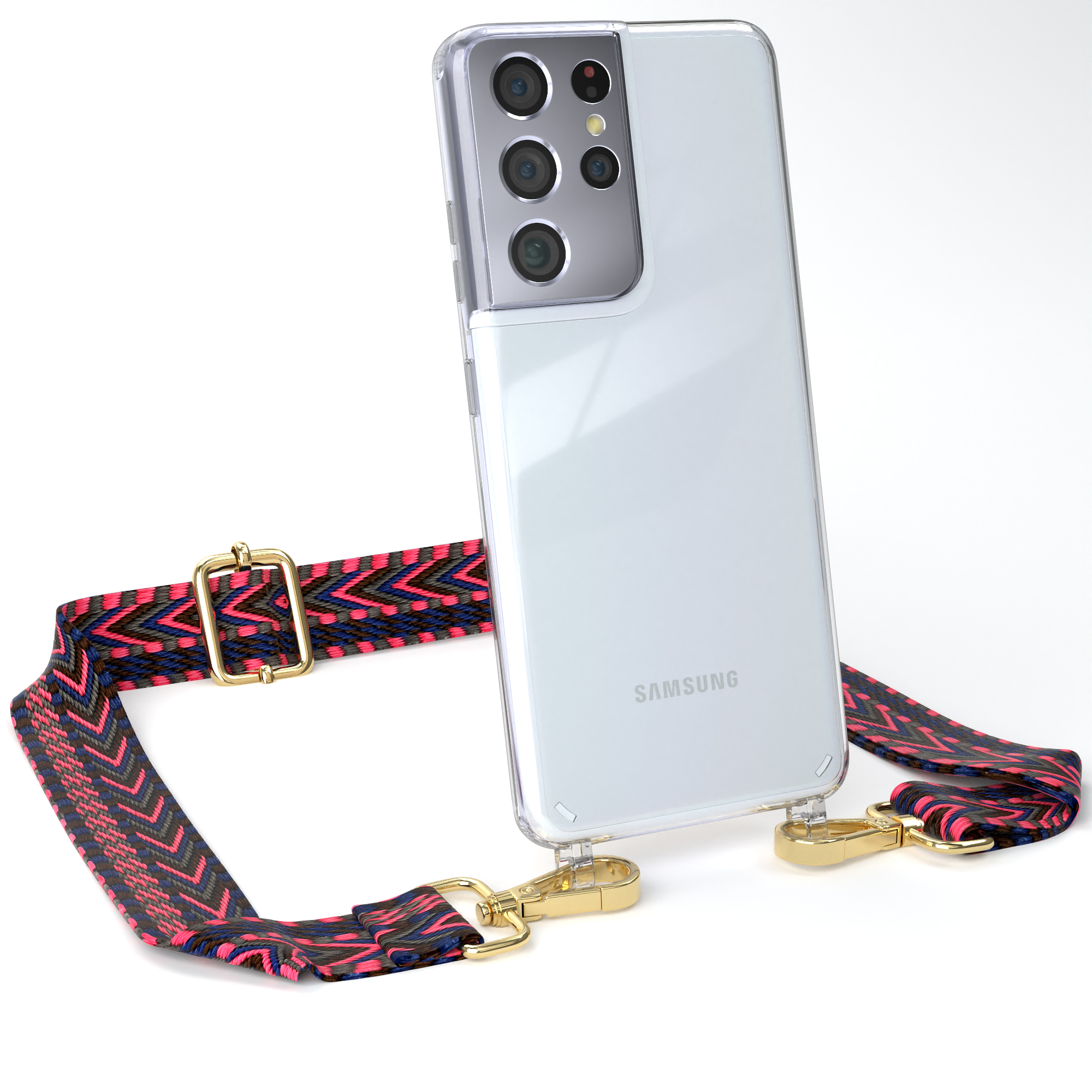EAZY CASE Transparente Handyhülle Pink Kordel Galaxy S21 / Samsung, Style, Ultra Boho Blau mit 5G, Umhängetasche
