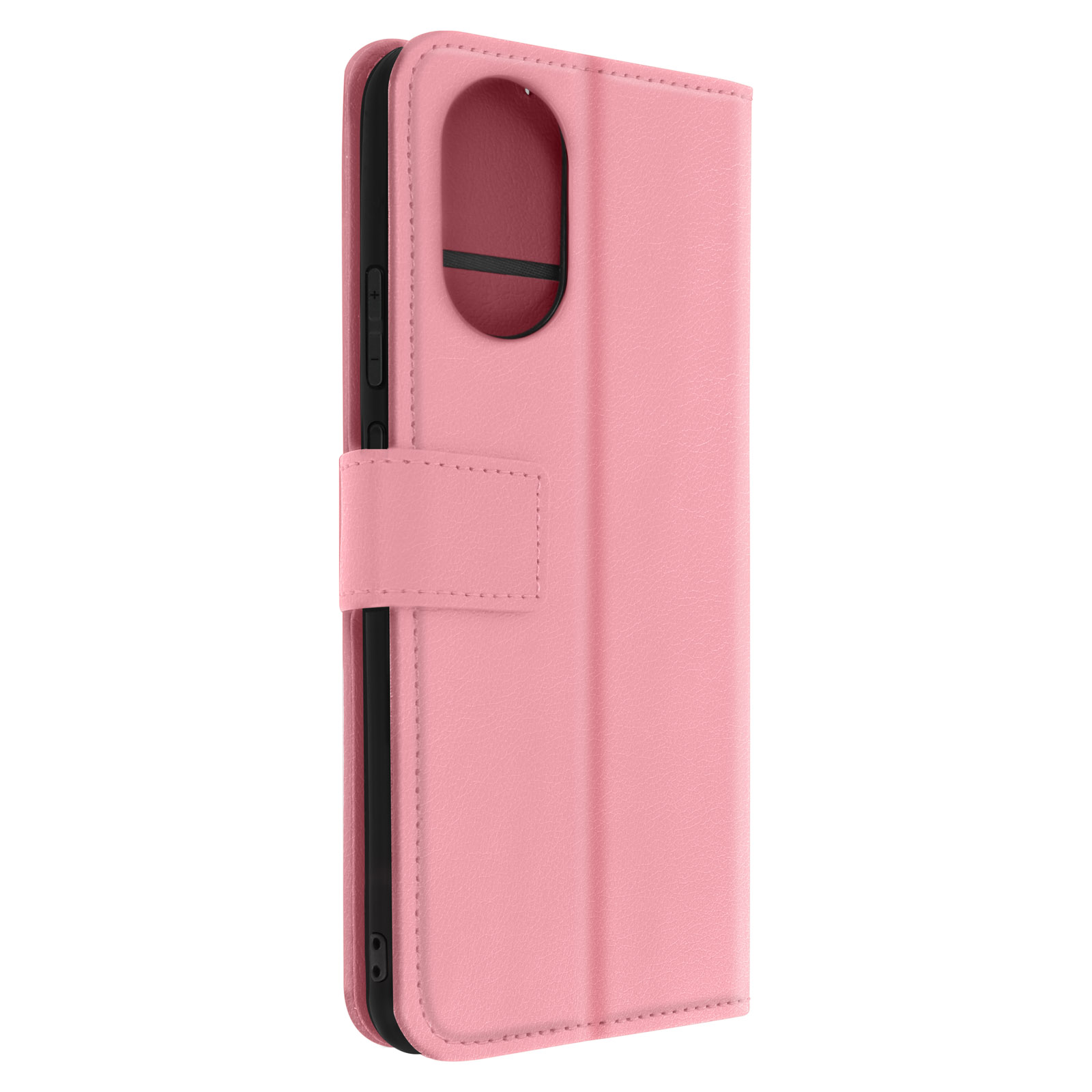 Una custodia rosa per telefono, aperta, che rivela il supporto interno del telefono e un fermaglio.