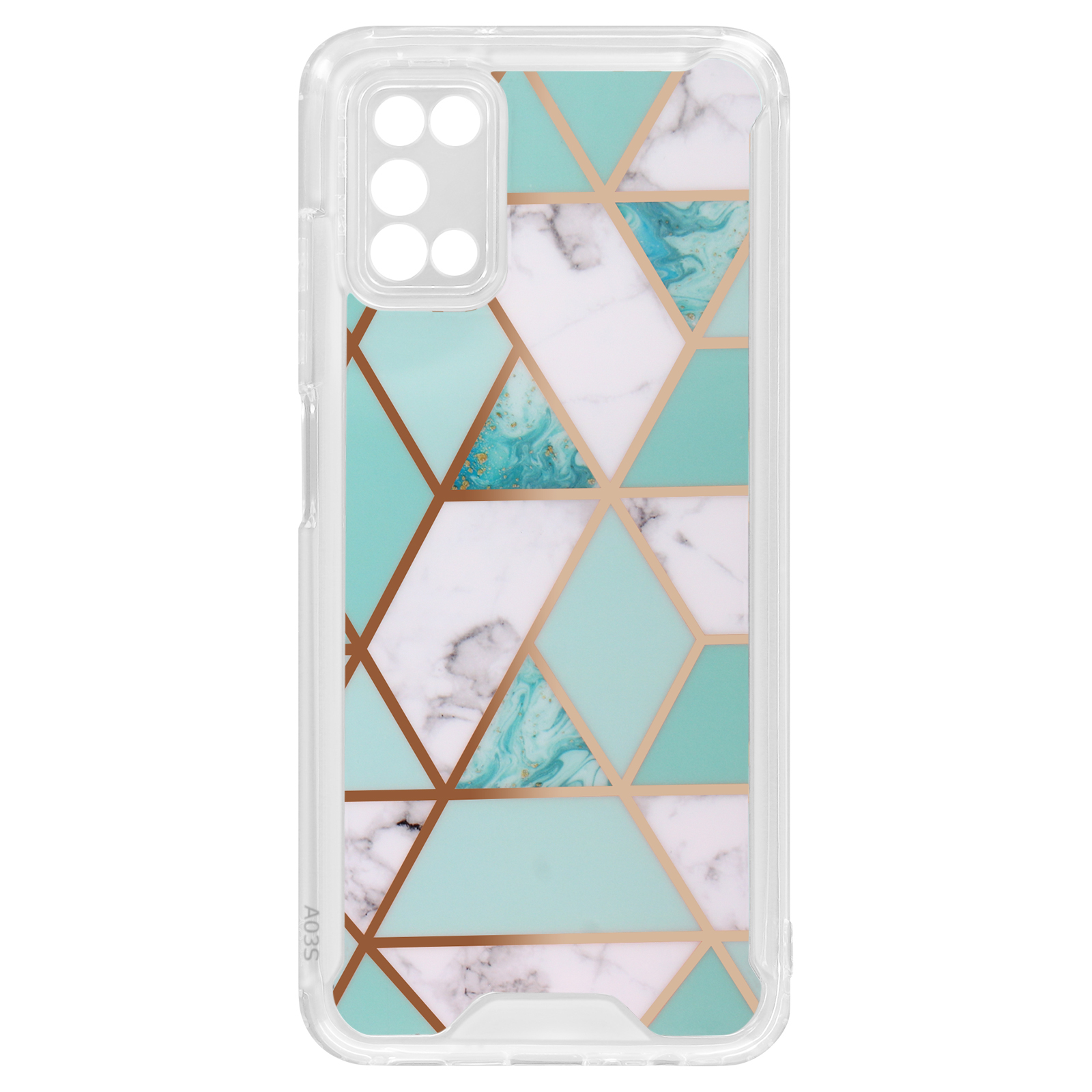 Transparante telefoonhoes met een geometrisch ontwerp van turquoise, witte en gouden patronen.