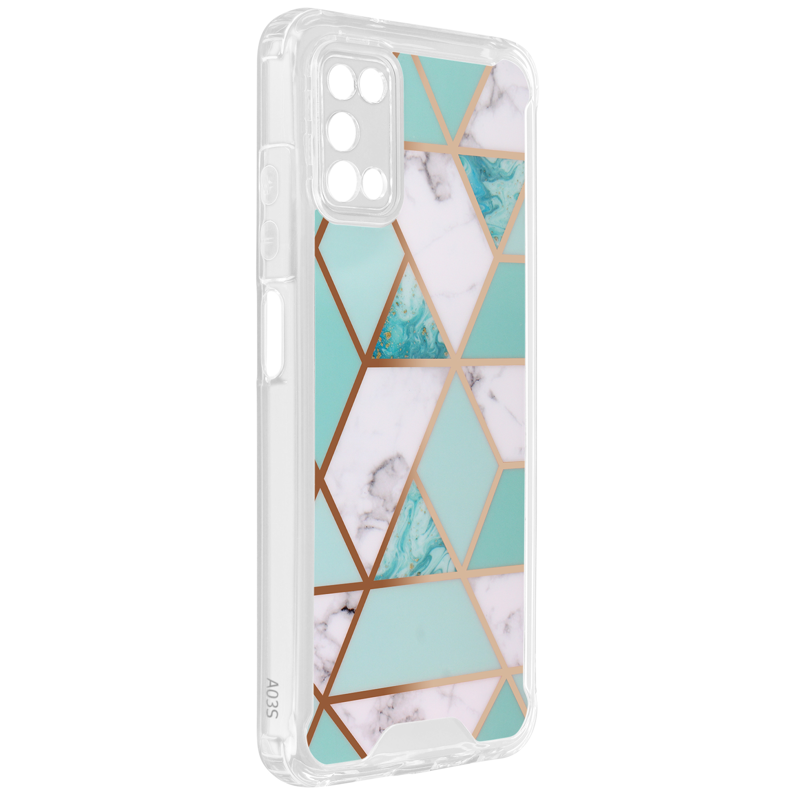 Een doorzichtig telefoonhoesje met een wit, turquoise en goud geometrisch patroon wordt getoond.