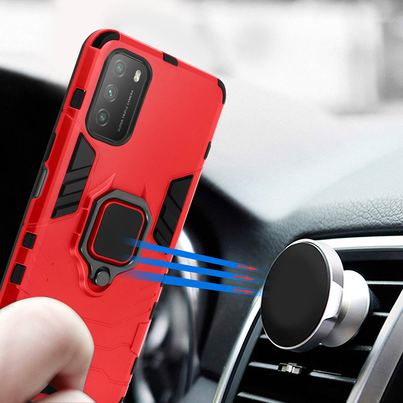 Rote Handyhülle mit Ring, an einer Autolüfterhalterung befestigt.