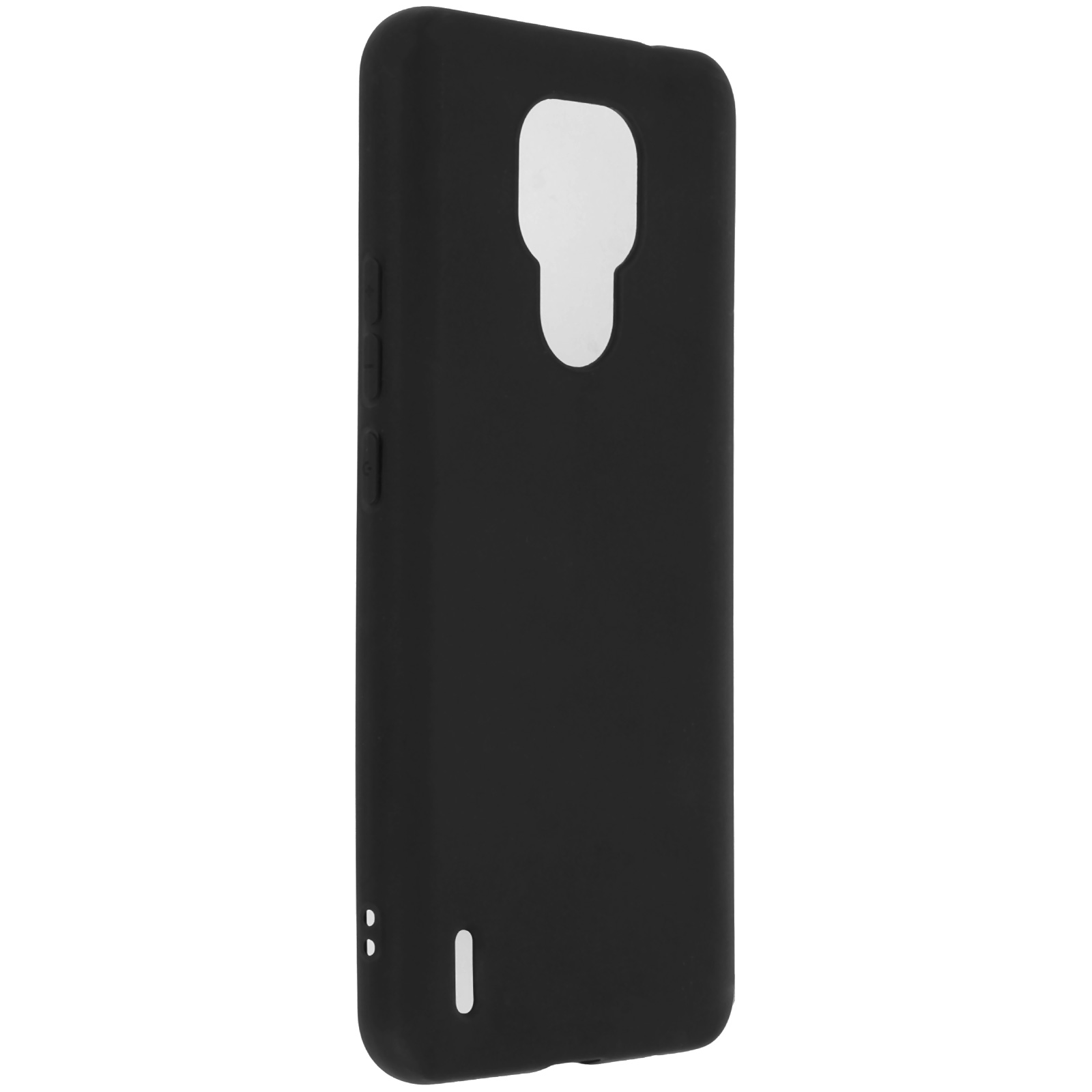 Custodia nera per telefono, con intaglio per fotocamera e pulsanti. La parte posteriore è visibile.