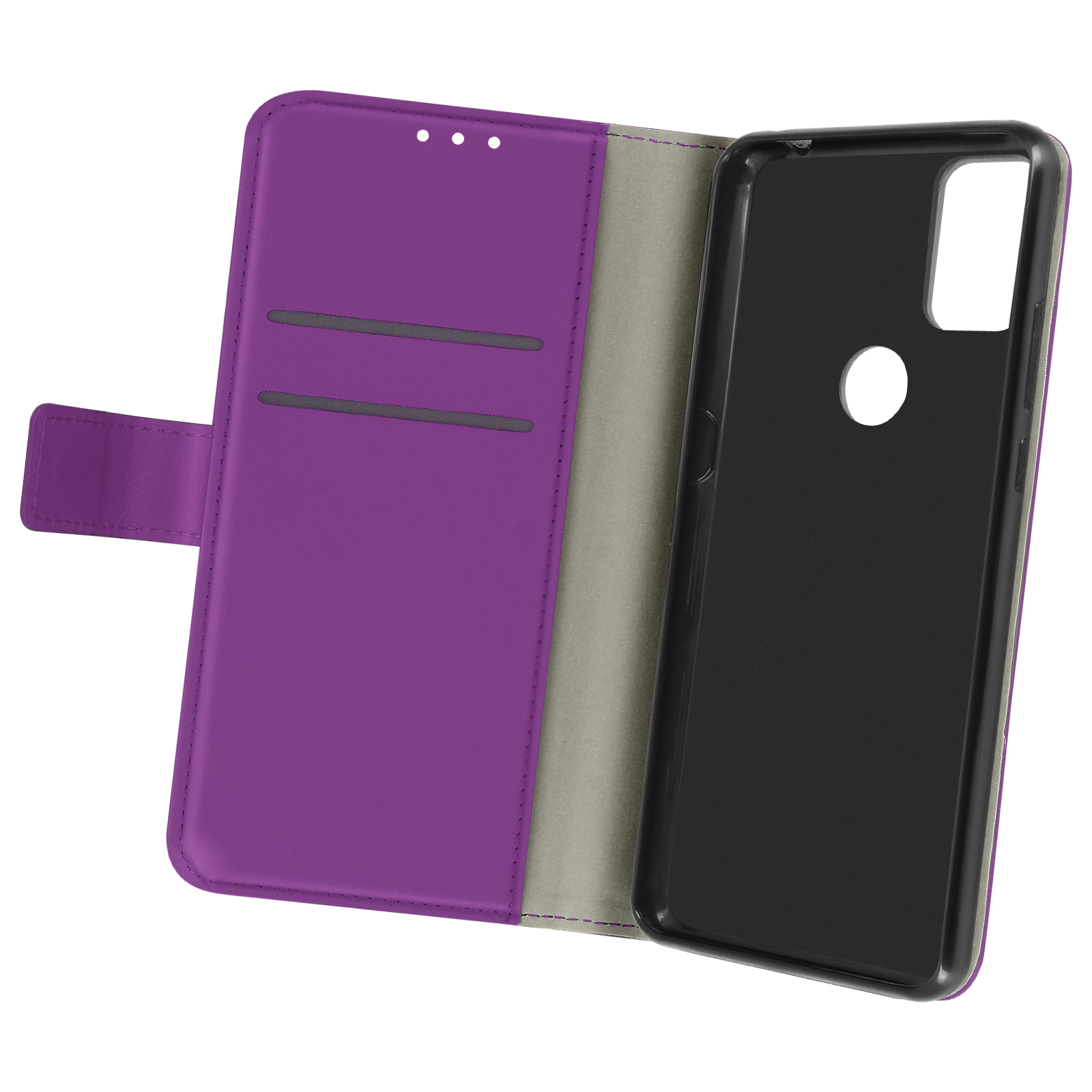 Custodia per telefono viola, aperta, che mostra un telefono e fessure per carte. Interno grigio.