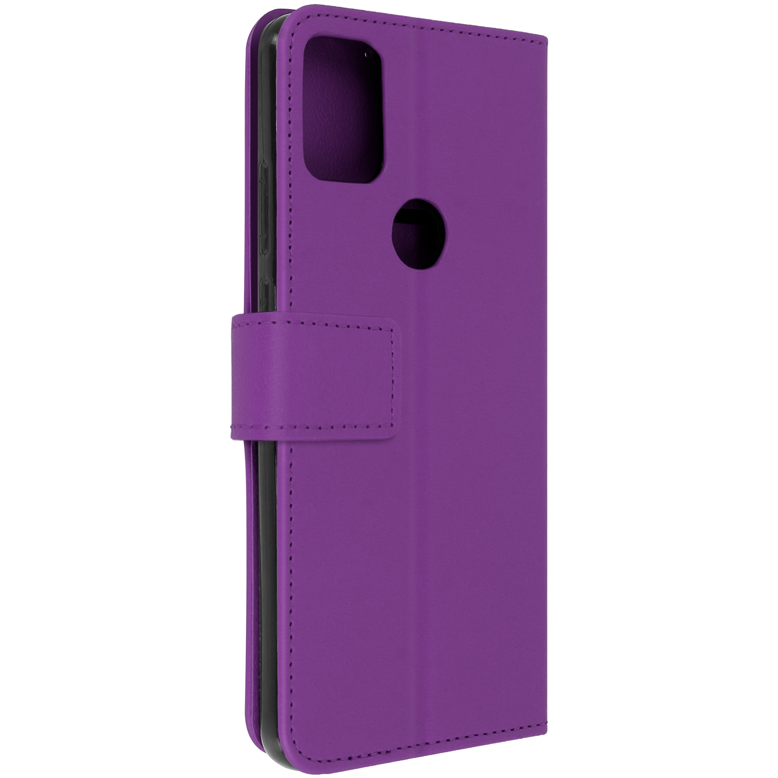 Custodia per telefono viola, chiusa, con chiusura magnetica. La parte posteriore mostra l'intaglio della fotocamera.