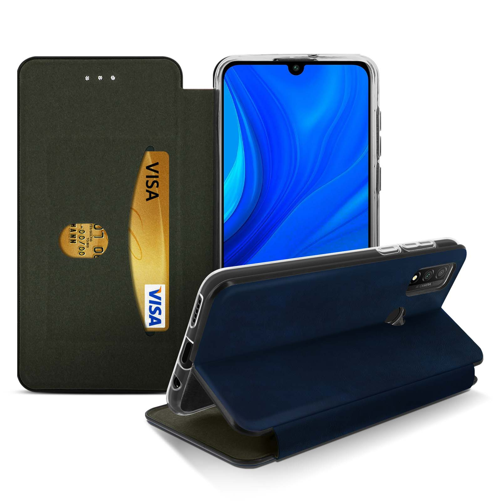 Una custodia per telefono blu navy con una carta d'oro e un telefono viene visualizzata.