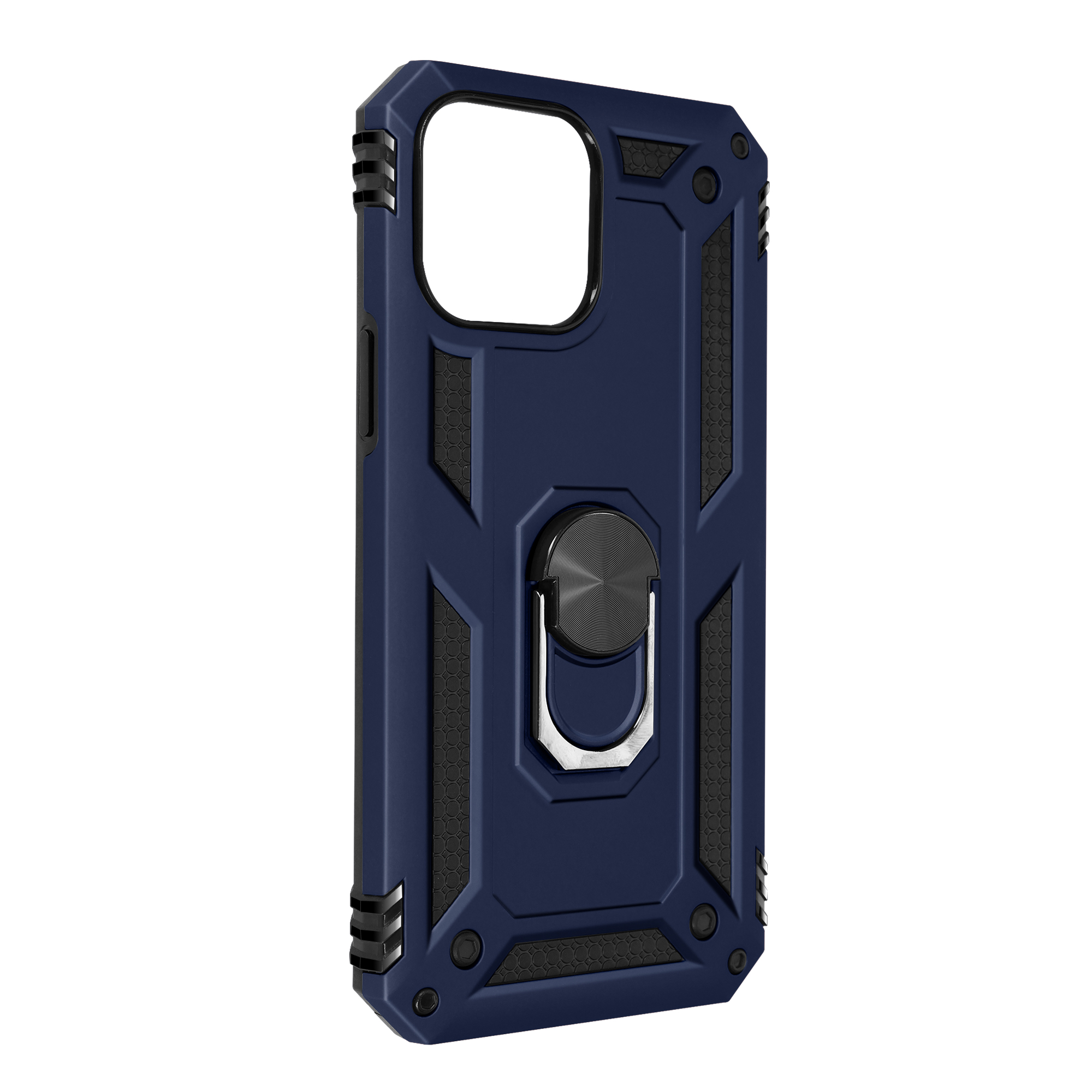 Una custodia per telefono blu scuro con supporto ad anello. Dettagli neri. Motivo esagonale sul retro.