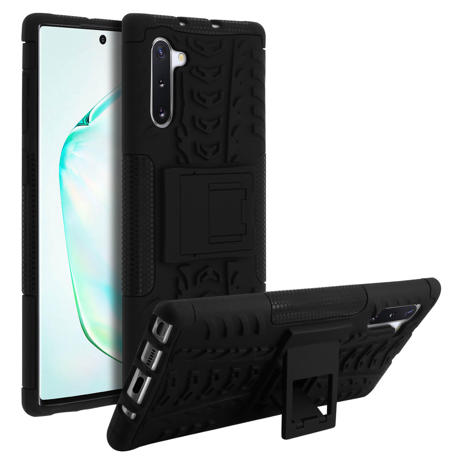 Custodia per telefono nera con cavalletto, vista angolata, su sfondo bianco.