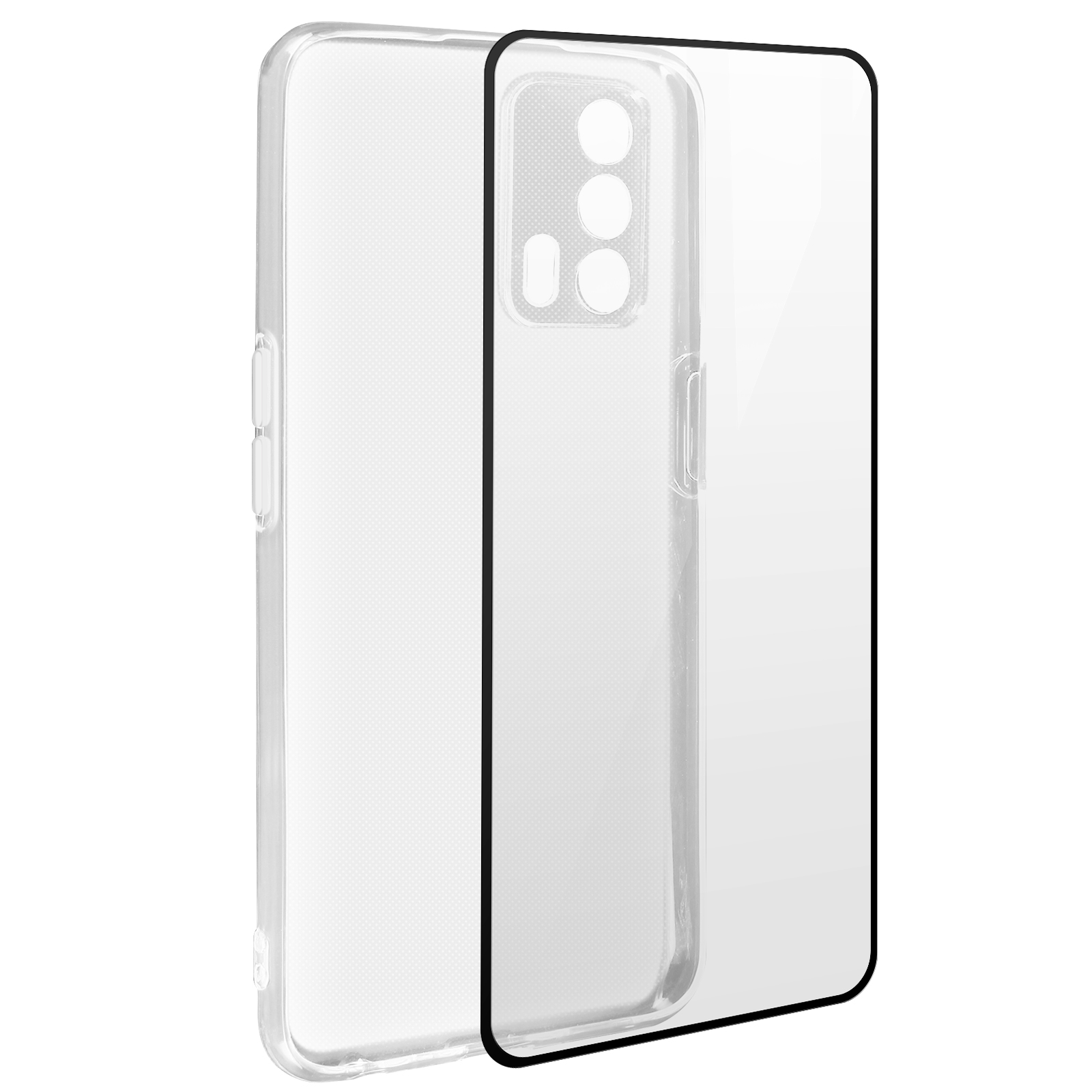 Klare Handyhülle und Displayschutzfolie. Beide sind transparent mit schwarzen Rändern.