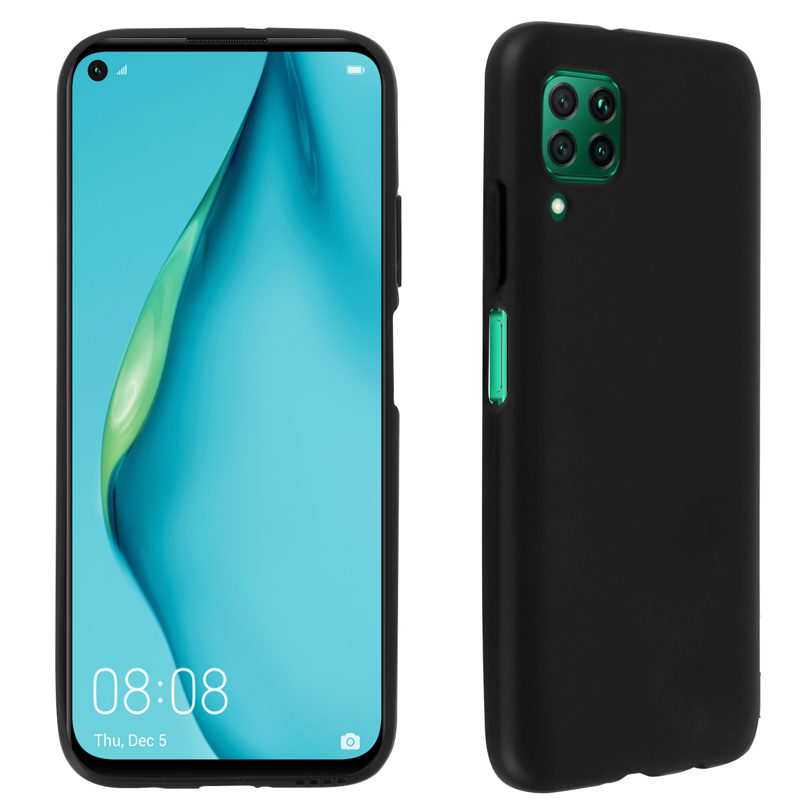 Schwarze Handyhülle mit Telefon. Zeigt den Telefonbildschirm mit der Uhrzeit 08:08.