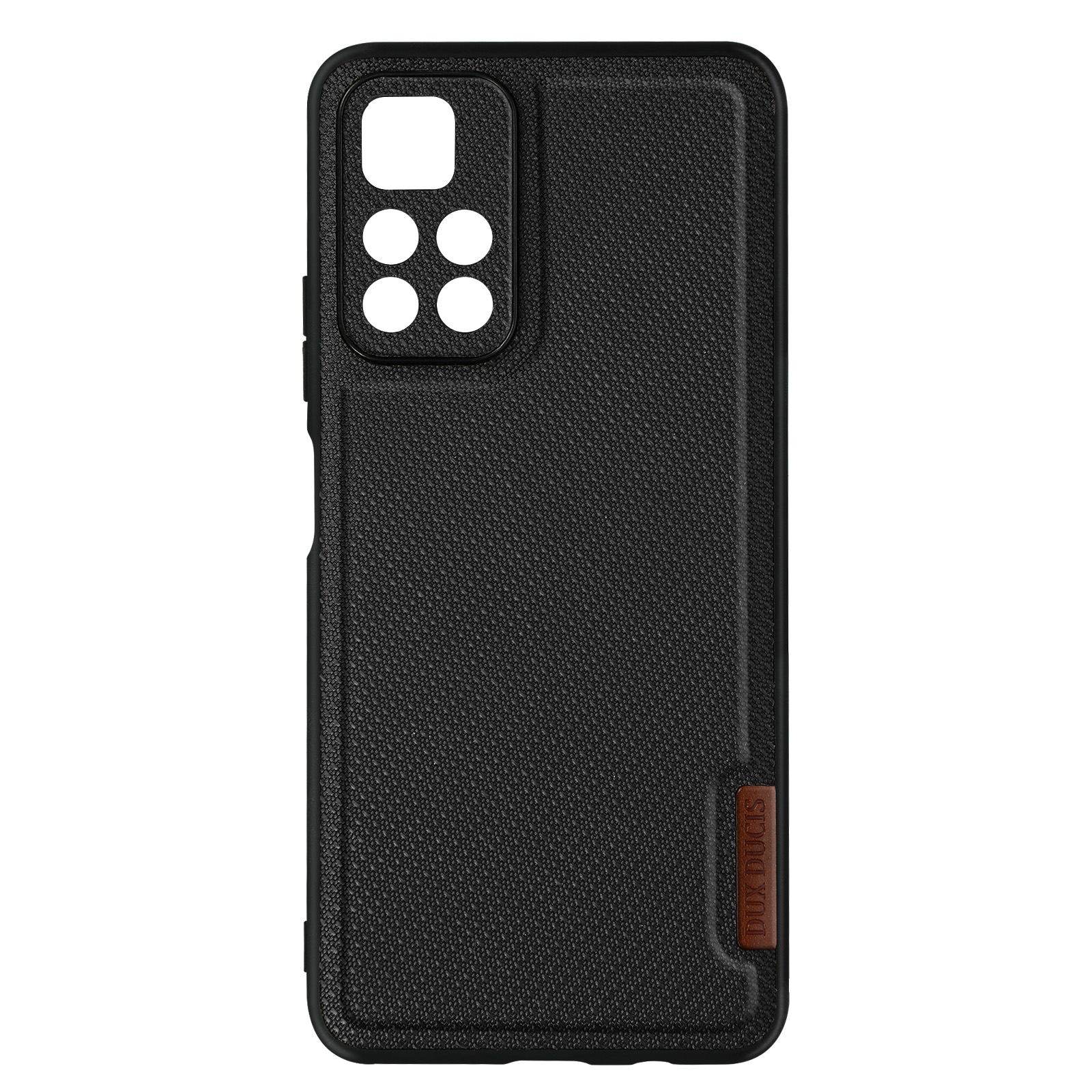 Custodia per telefono nera con ritaglio per fotocamera ed etichetta DUX DUCIS.