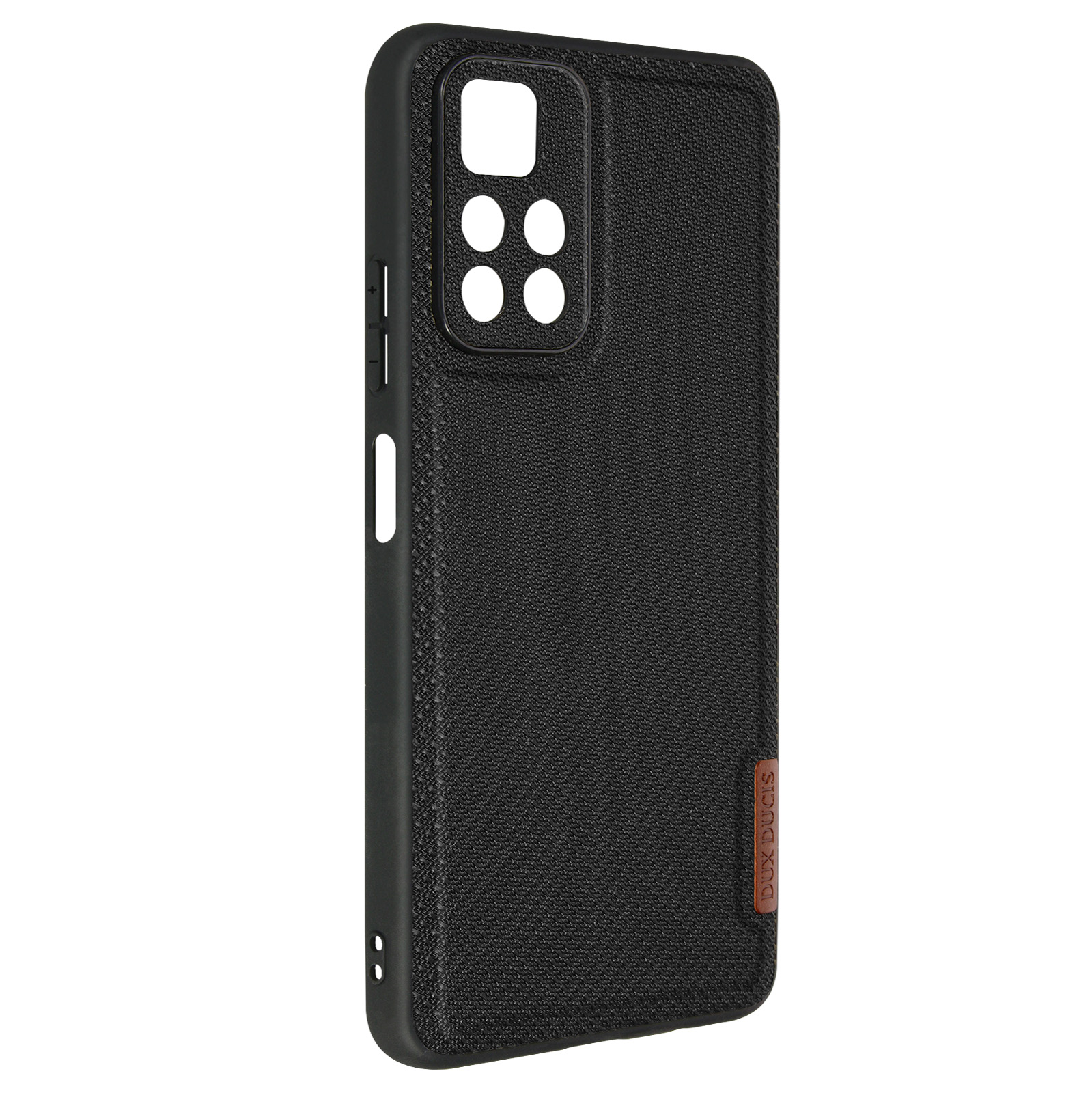 Custodia nera con superficie strutturata e ritagli per la fotocamera.