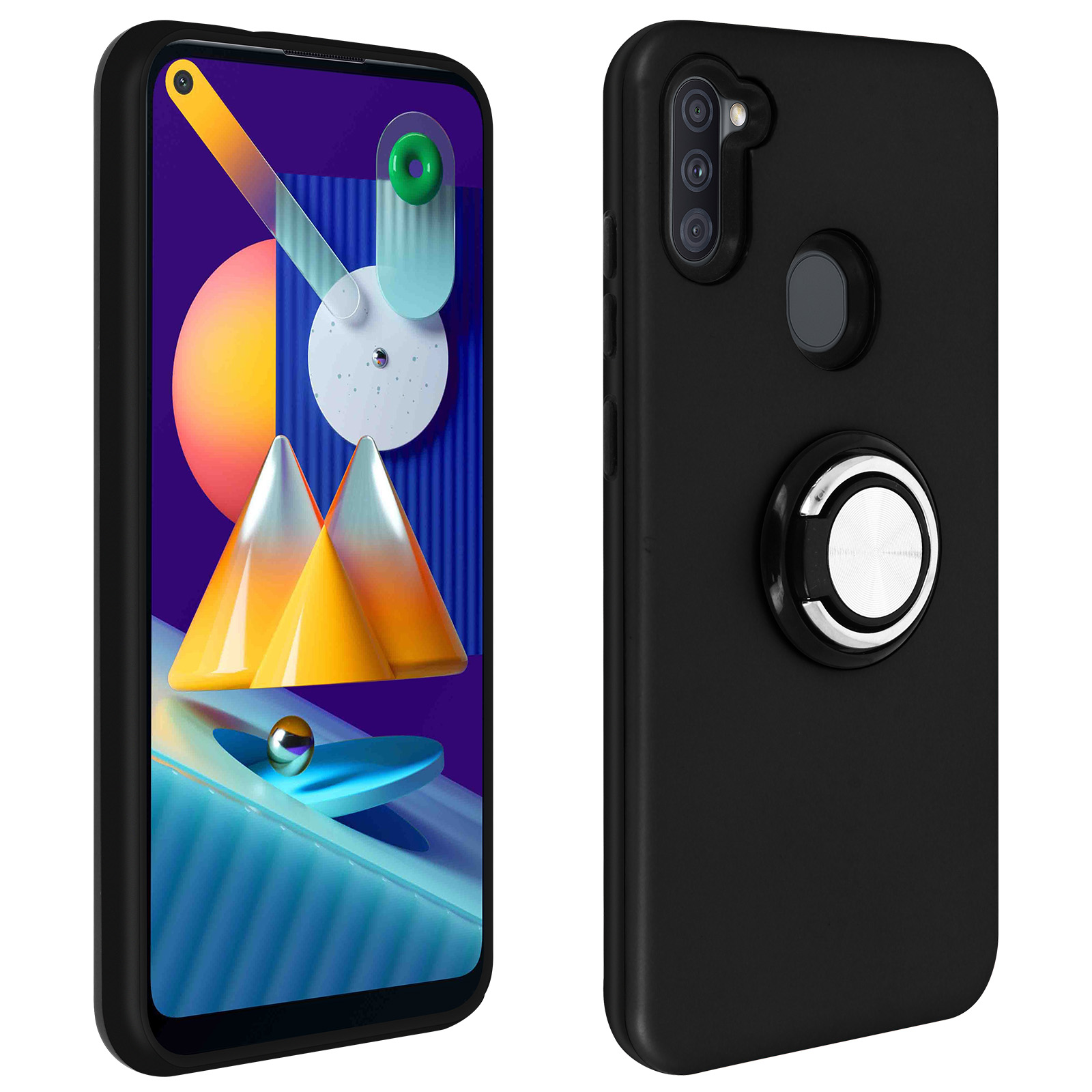 Schwarze Handyhülle mit Ringhalter. Telefon zeigt abstrakte Kunst auf dem Bildschirm.