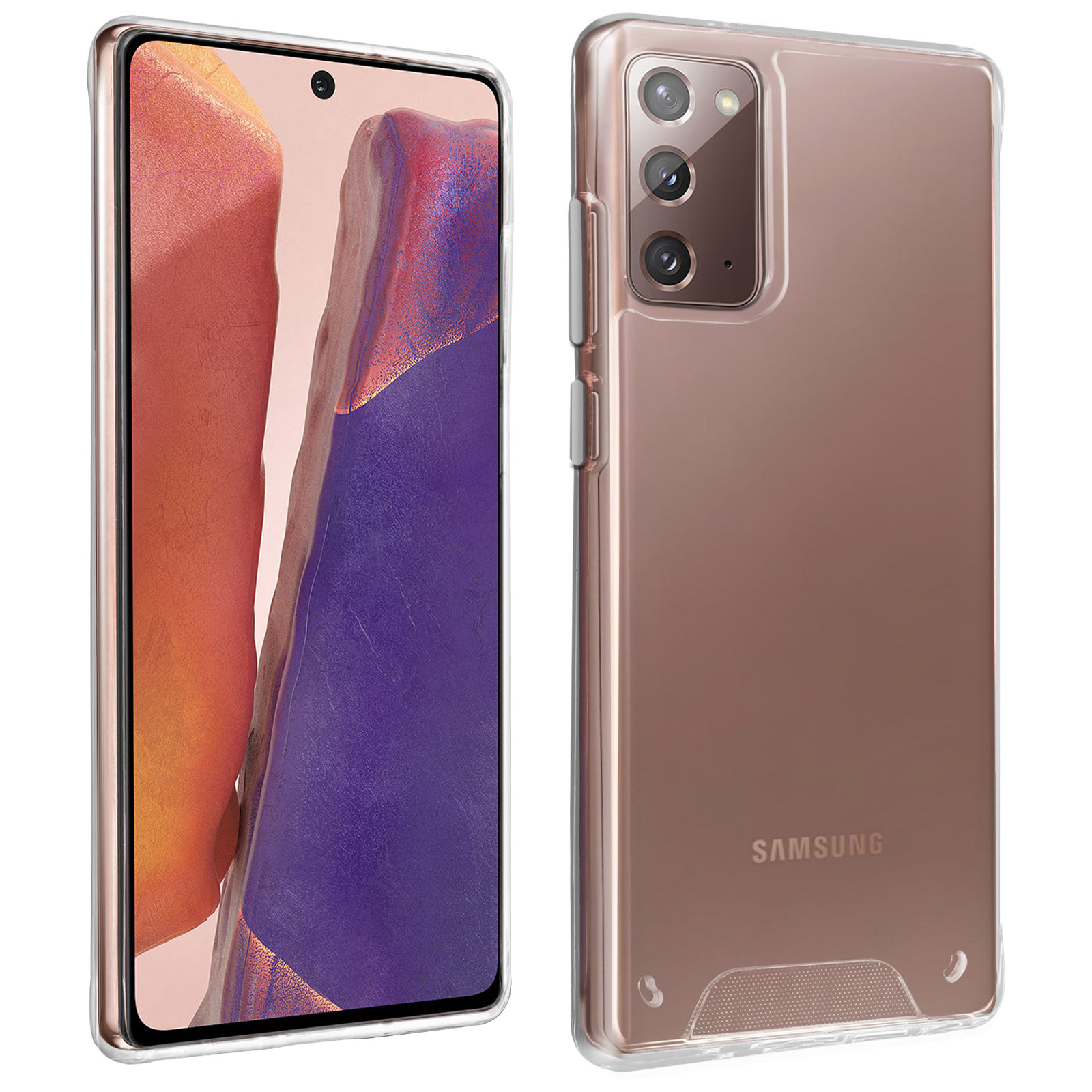 Téléphone avec coque transparente, montrant l'arrière, avec caméra et coque.