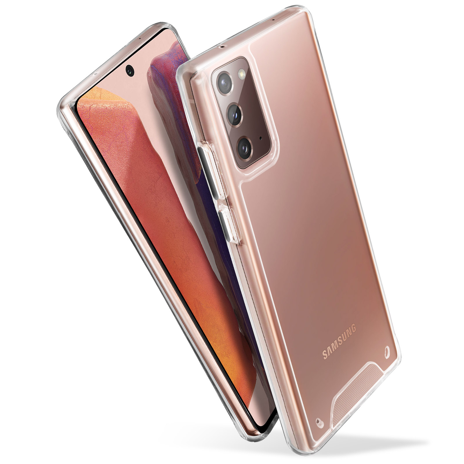 Een smartphone in een doorzichtige hoes, onder een hoek, met zicht op de achterkant en het scherm.