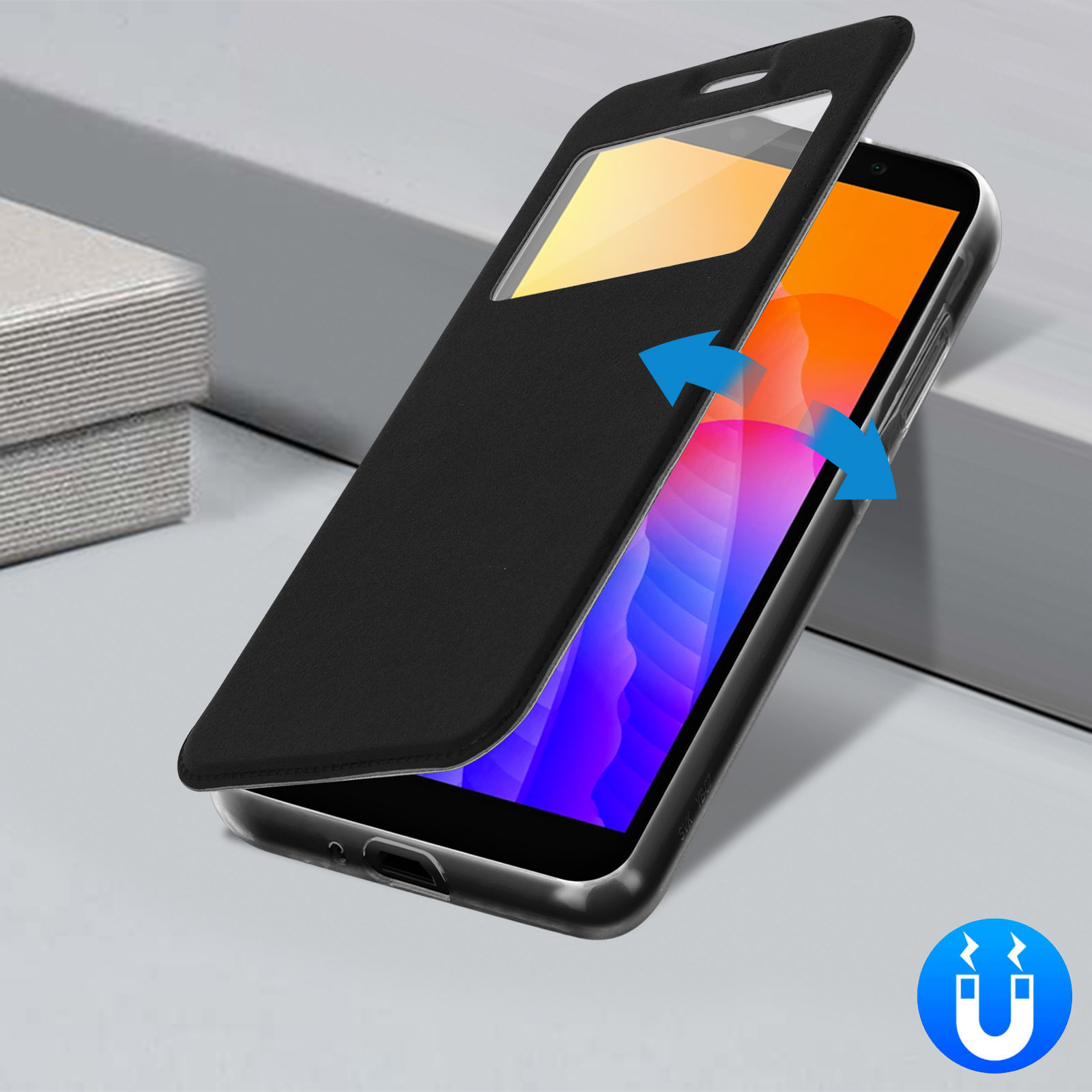 Custodia nera per telefono con finestra. Frecce blu puntano allo schermo. Icona magnete nell'angolo.