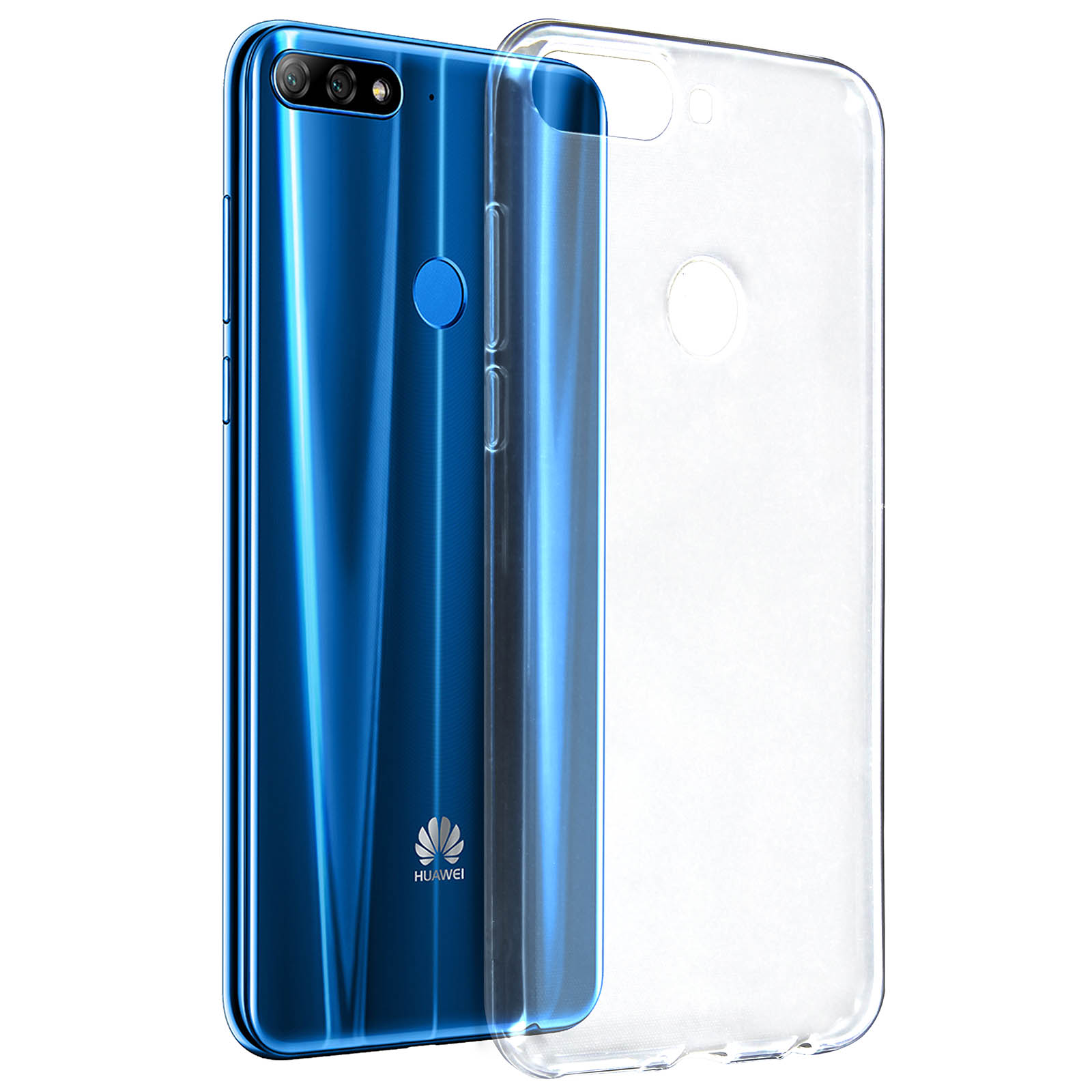 Telefono blu con custodia trasparente accanto. Sfondo bianco.
