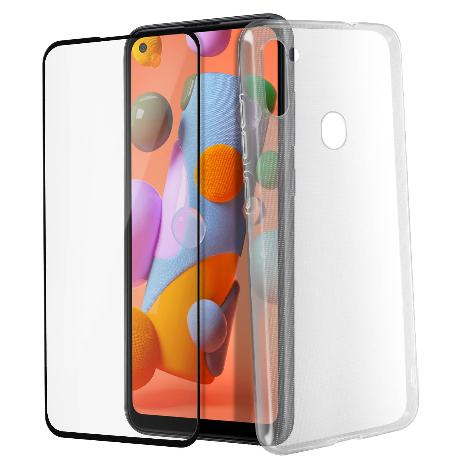 Telefon mit Displayschutz und Hülle. Das Telefon zeigt farbenfrohe Formen.