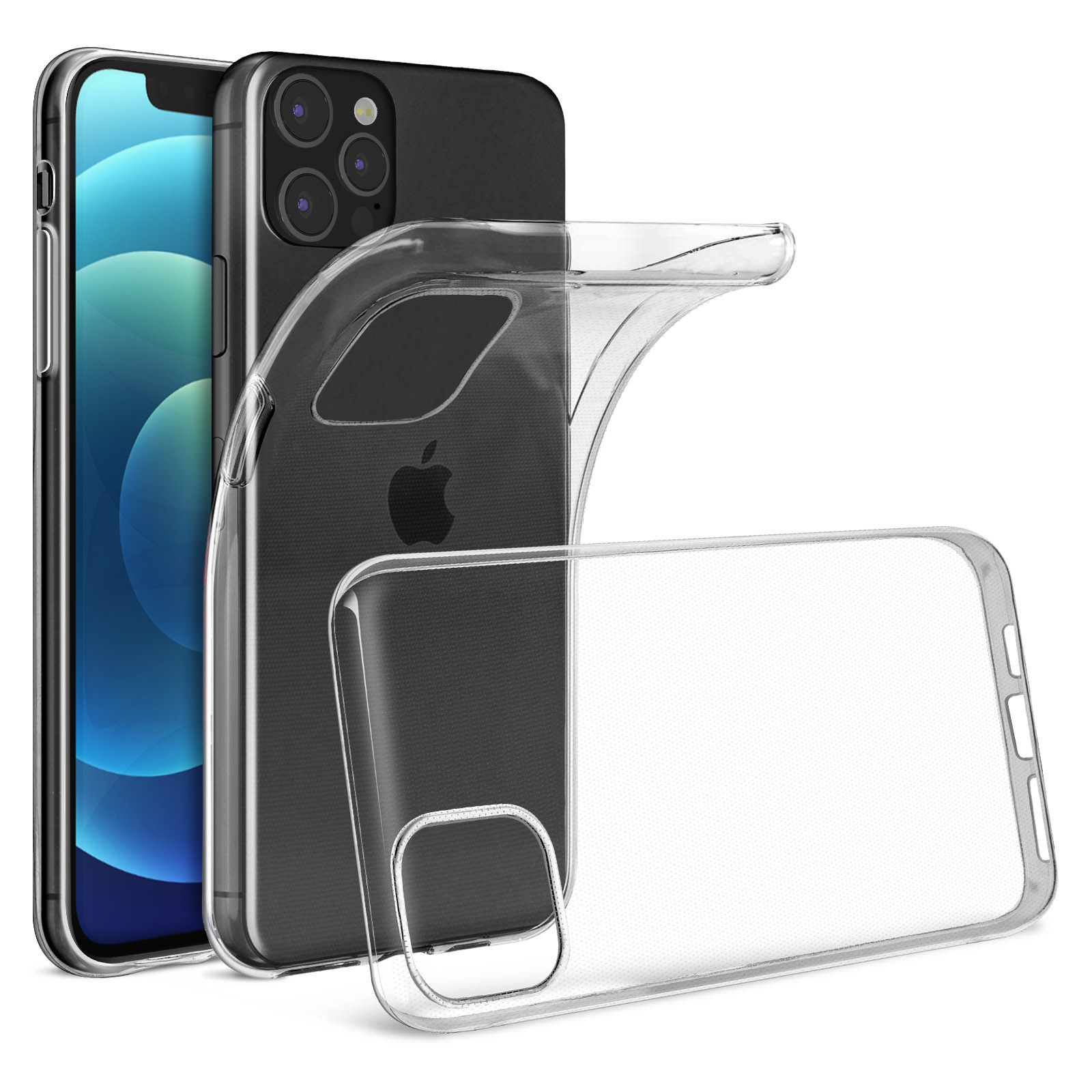 Transparente Handyhüllen um zwei Telefone, eines schwarz und eines blau, weißer Hintergrund.