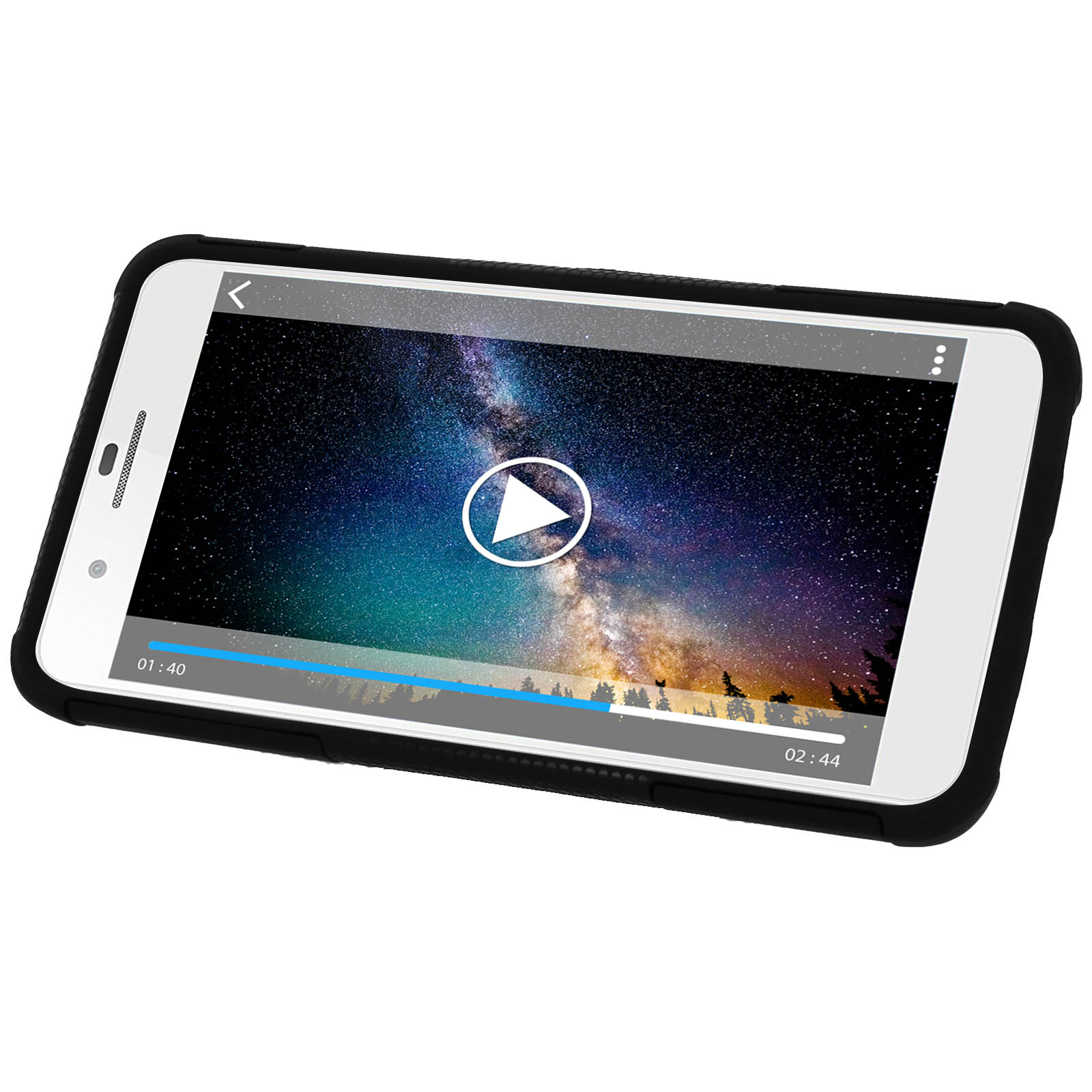 Un telefono che mostra un video con un pulsante di riproduzione, su sfondo bianco, in una custodia scura.