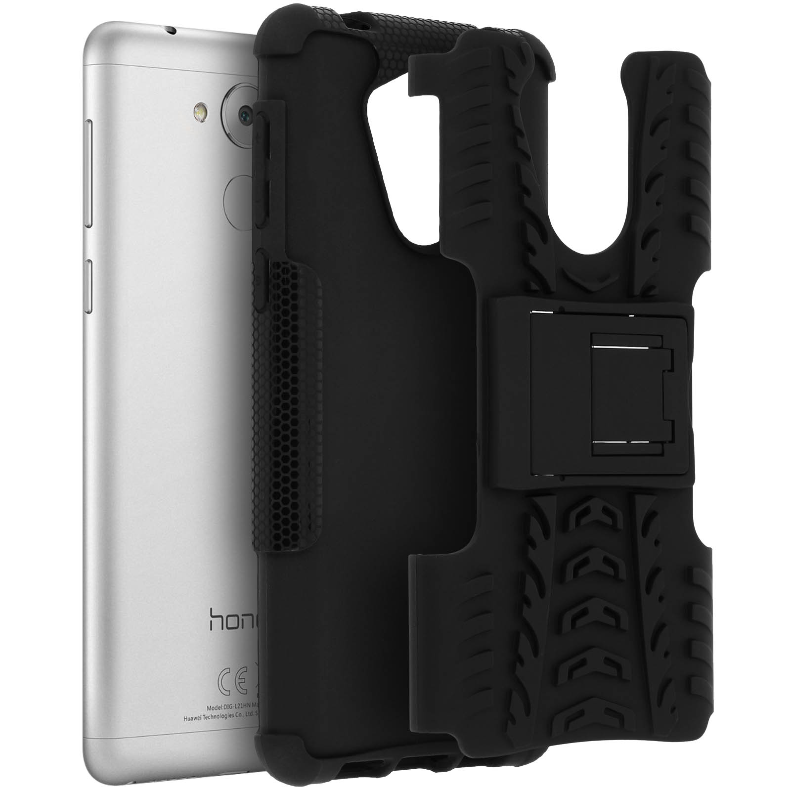 Una custodia per telefono nera con un cavalletto. Sta proteggendo un telefono argentato. Sfondo bianco.
