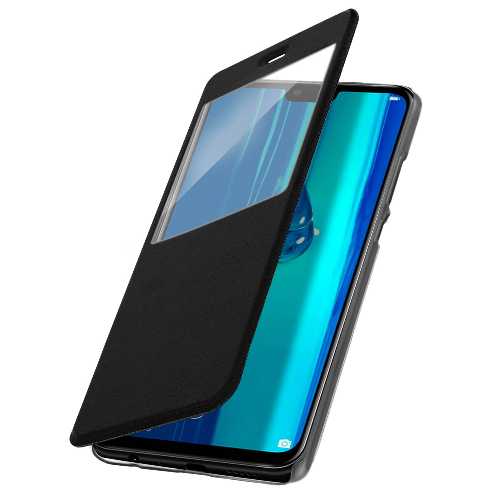 Funda de teléfono negra abierta con la pantalla hacia arriba. La pantalla es clara.
