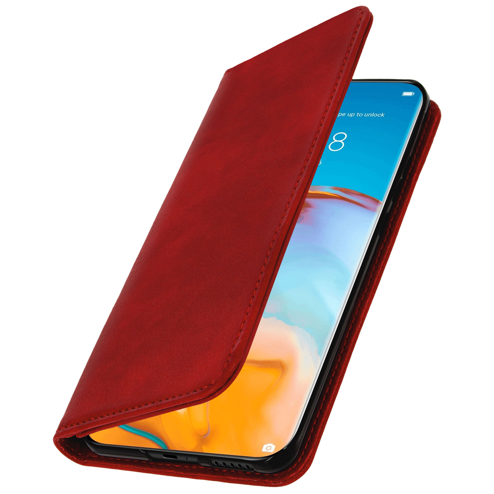 Una custodia per telefono in pelle rossa, aperta, che mostra lo schermo del telefono. Sfondo bianco.