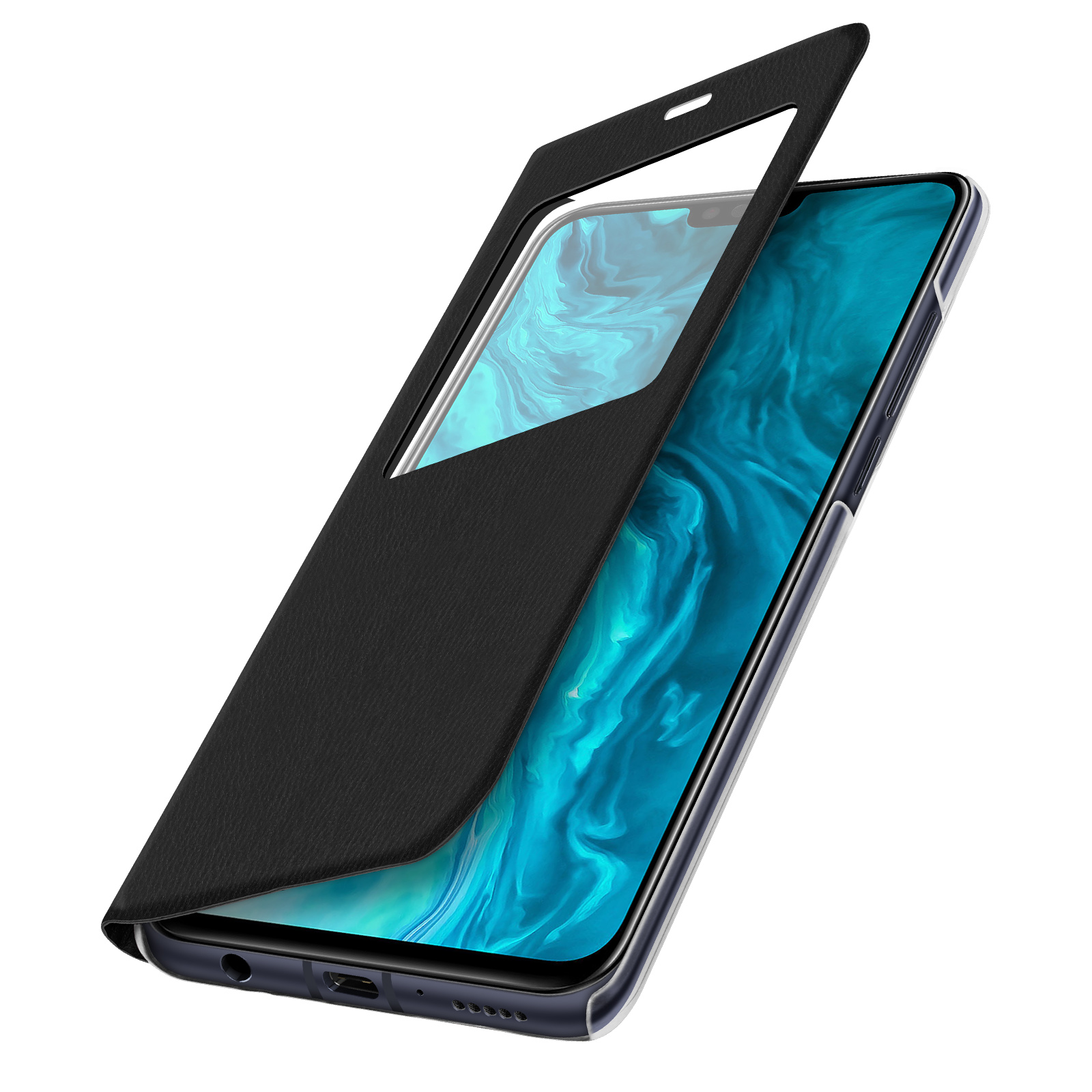 Telefon mit offener schwarzer Hülle. Der Bildschirm zeigt ein blaues Muster.